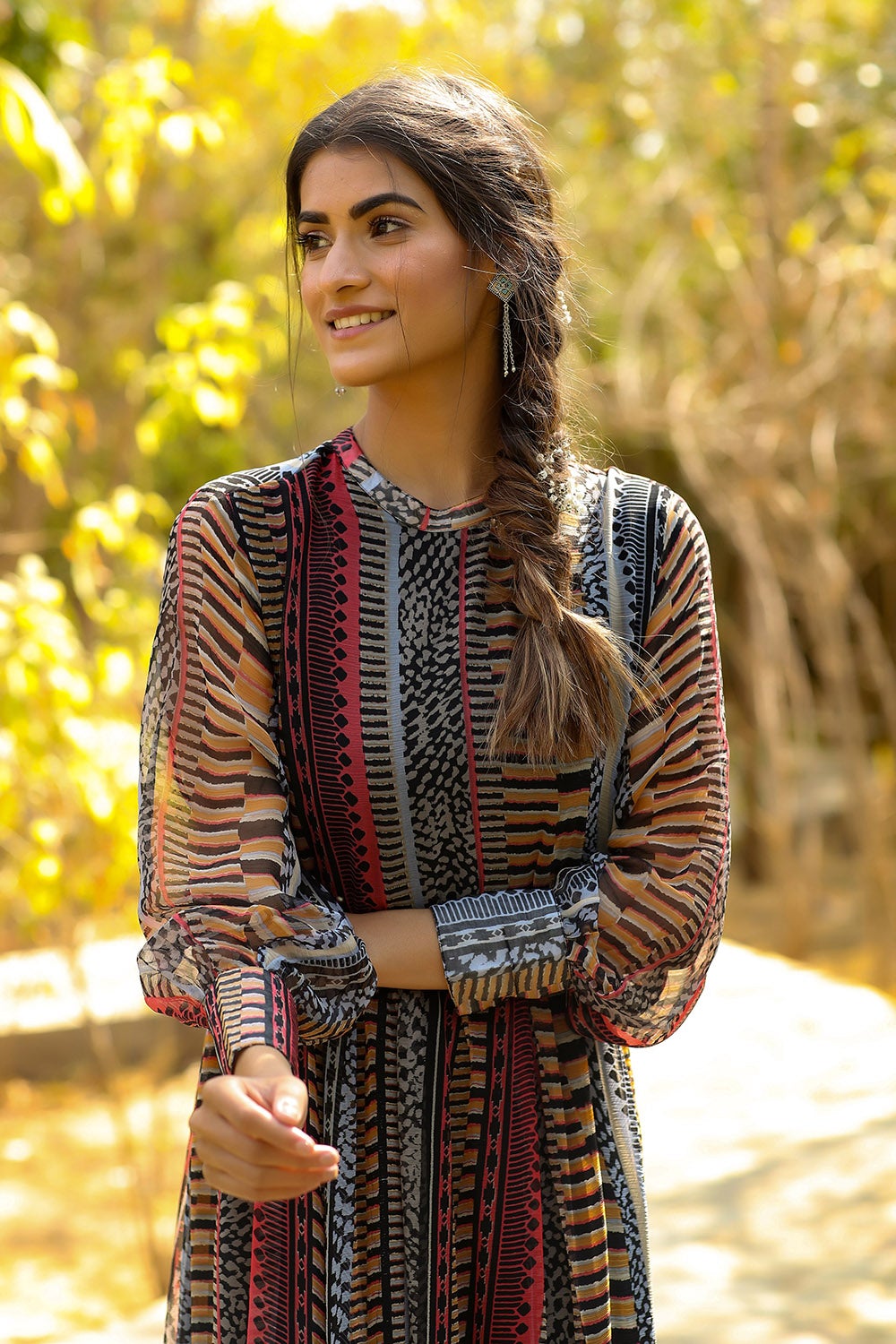 Black Chiffon Printed Flared Dress