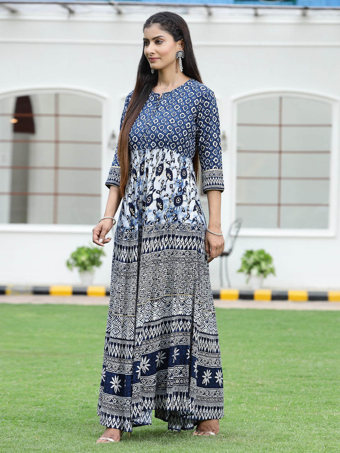 Blue Rayon Printed Flared Dress