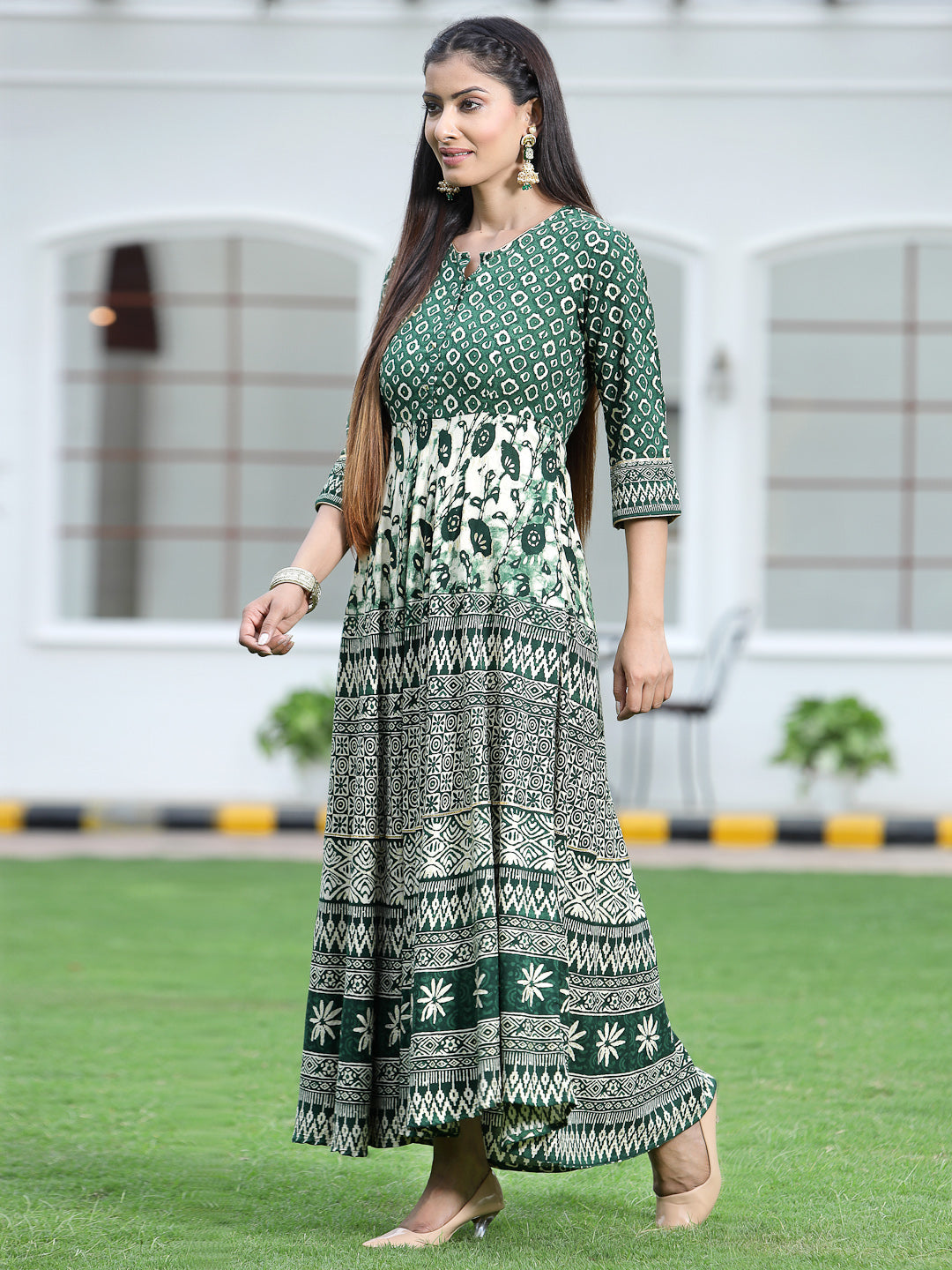 Green Rayon Printed Flared Dress