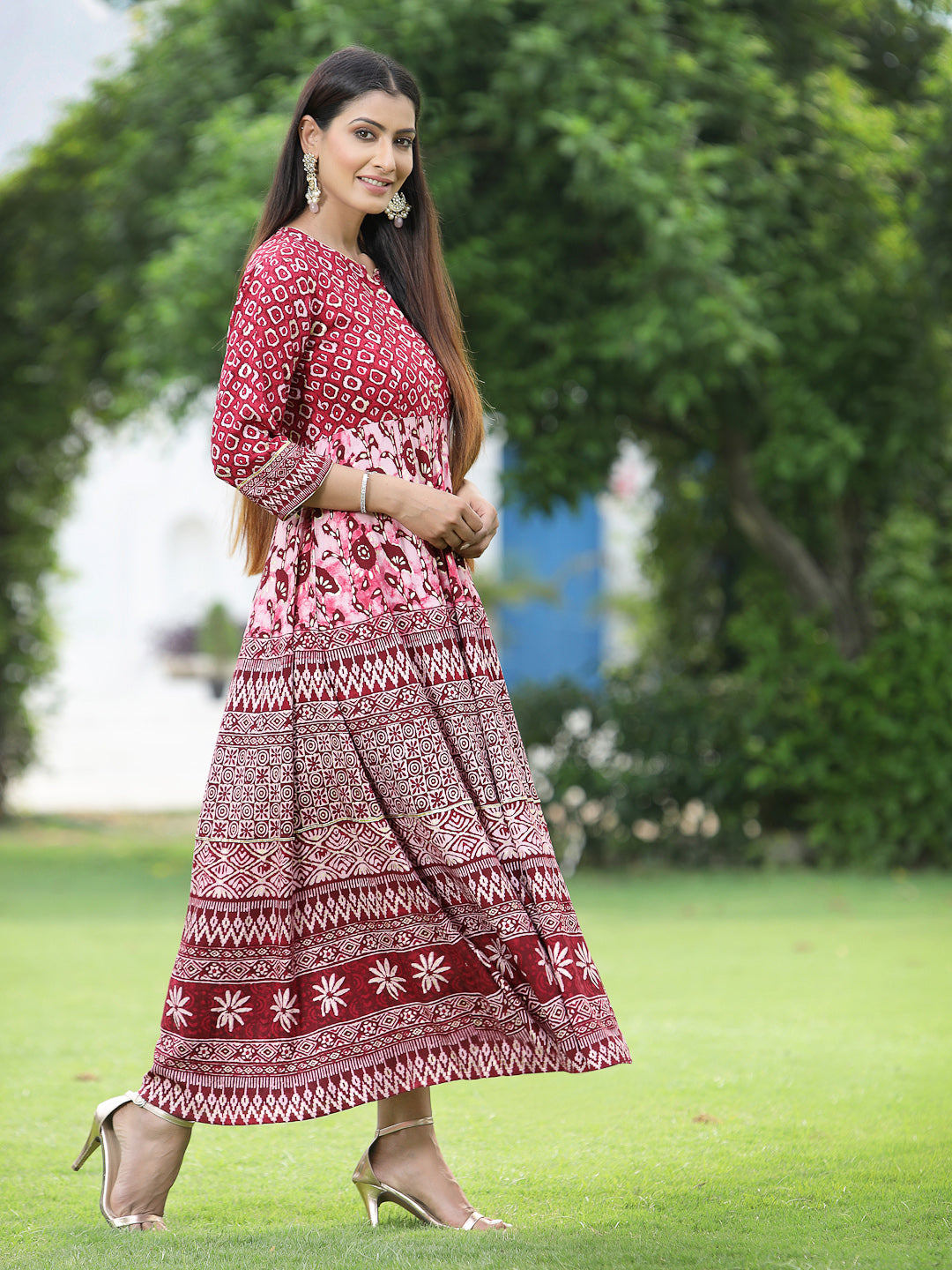 Maroon Rayon Printed Flared Dress