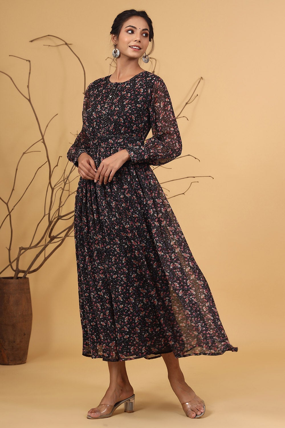 Navy Chiffon Printed Flared Dress