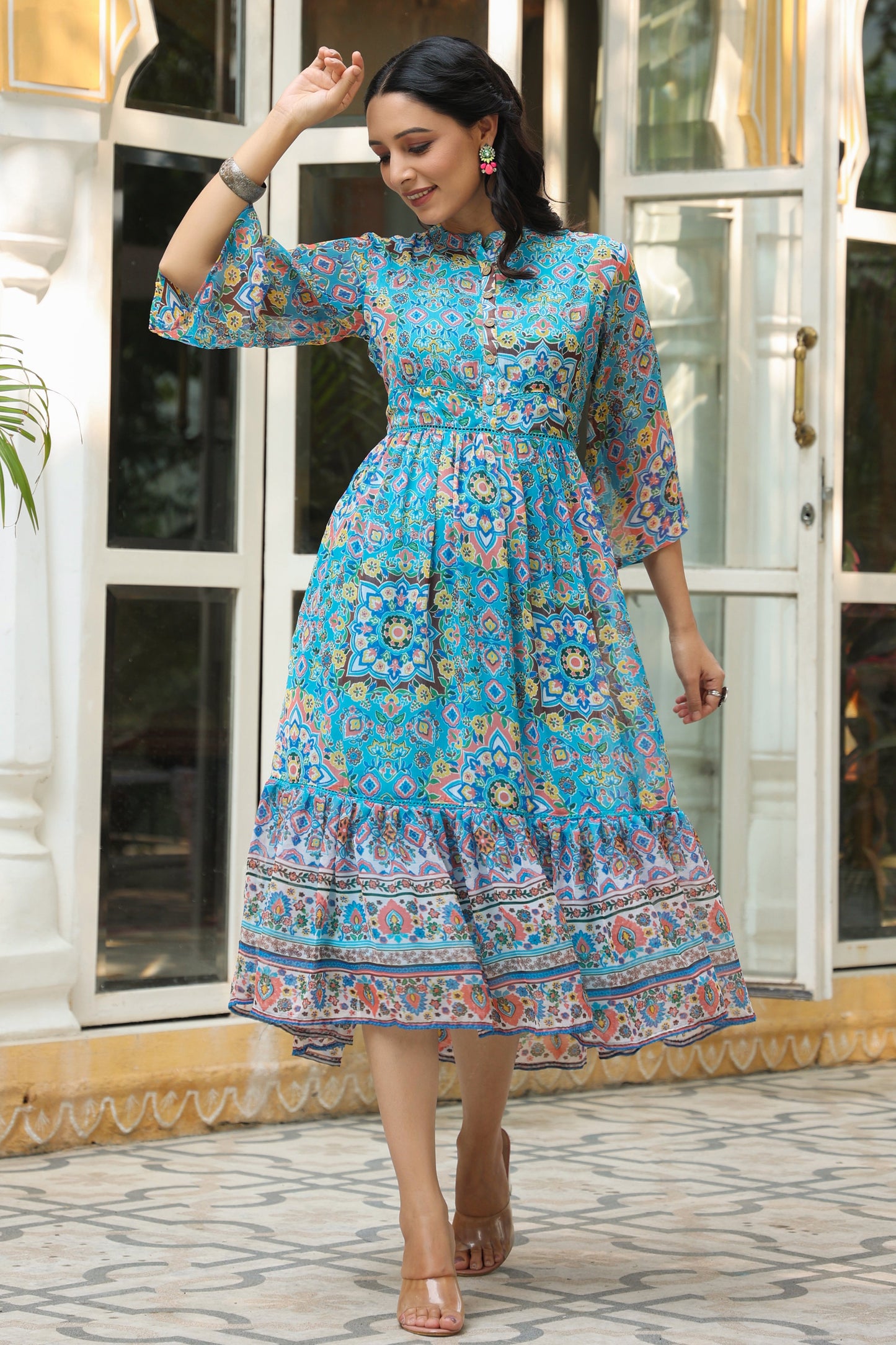 Aqua Chiffon Printed Tiered Dress