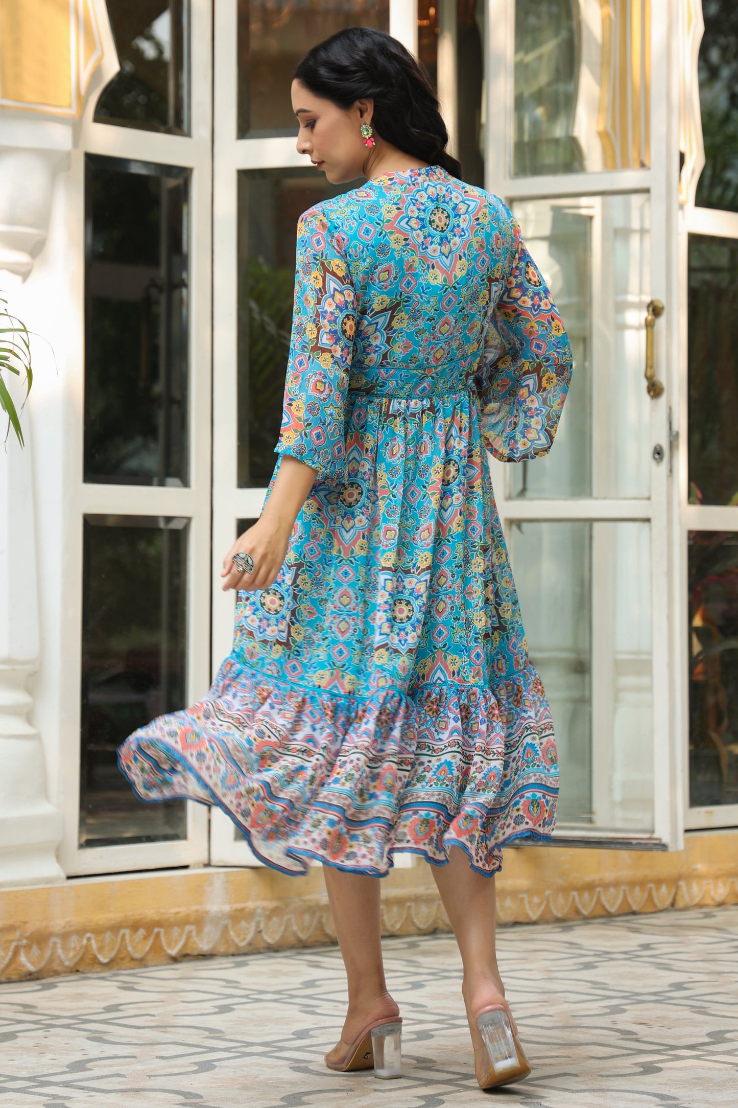 Aqua Chiffon Printed Tiered Dress