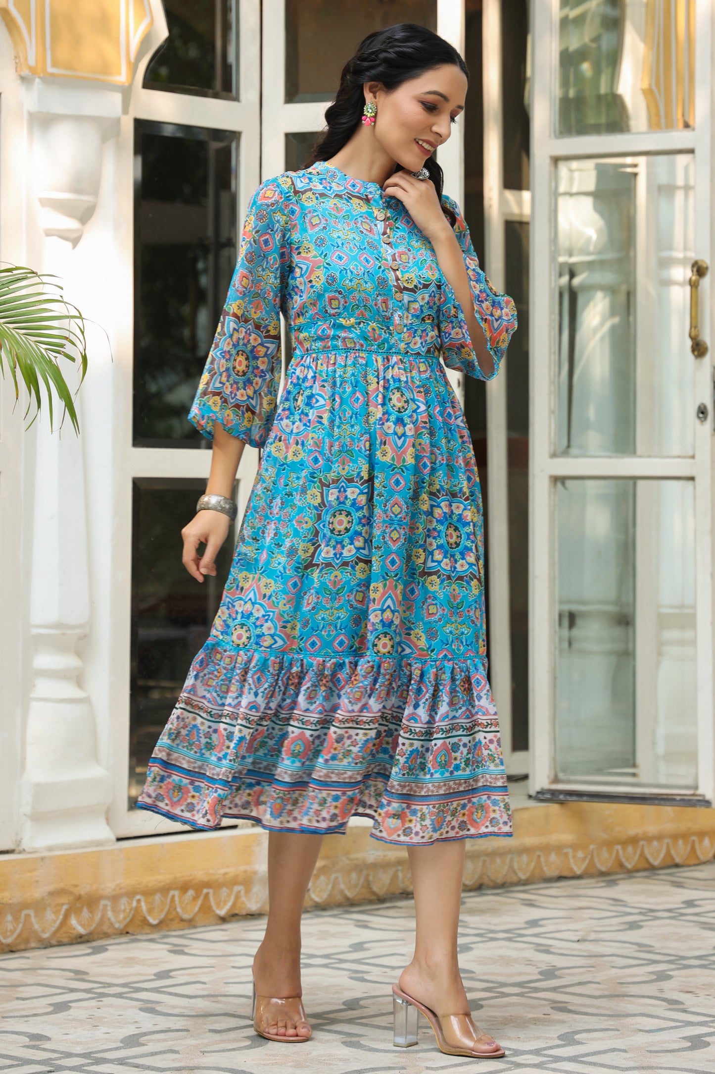 Aqua Chiffon Printed Tiered Dress