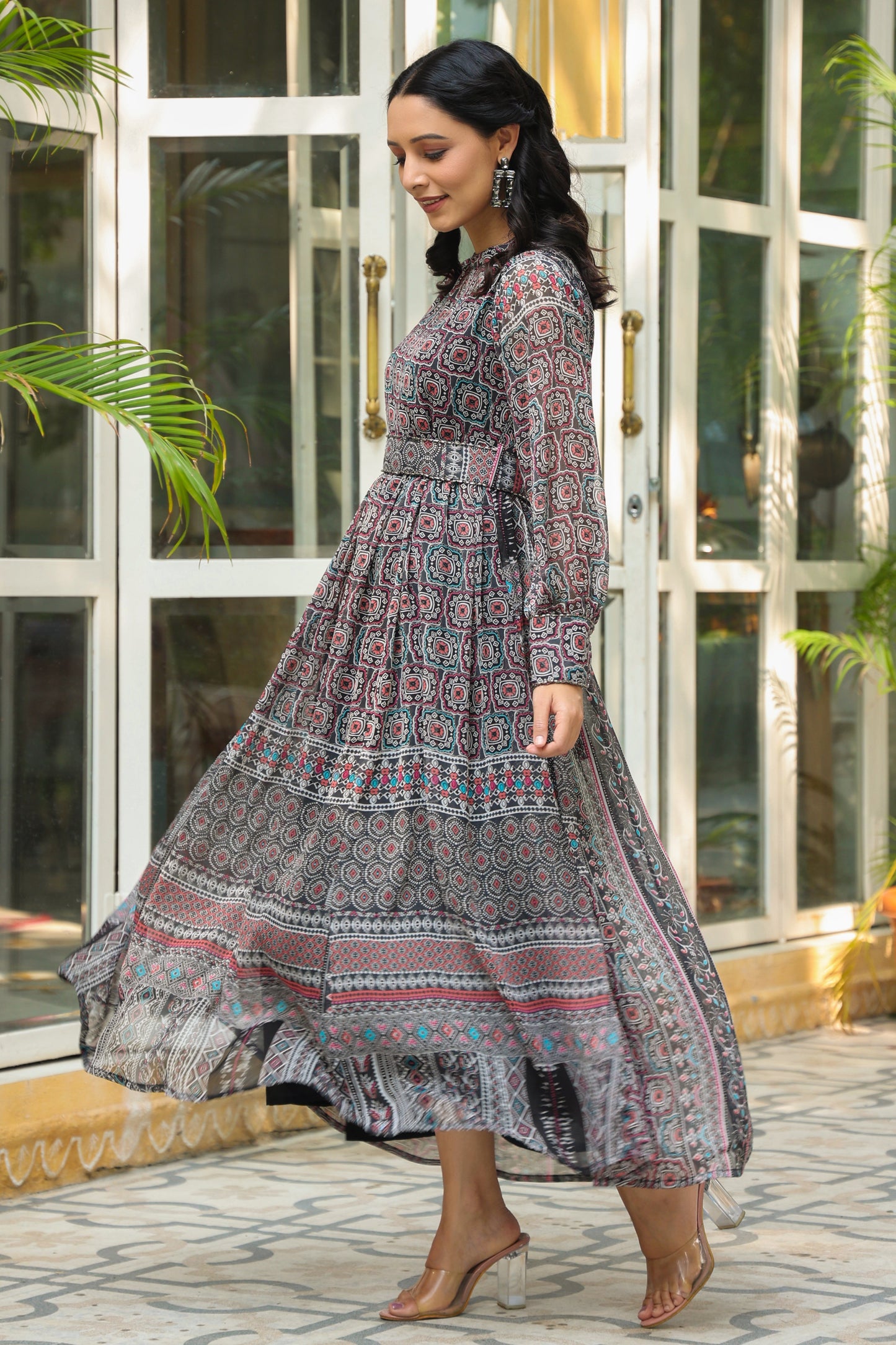 Black Chiffon Printed Flared Dress