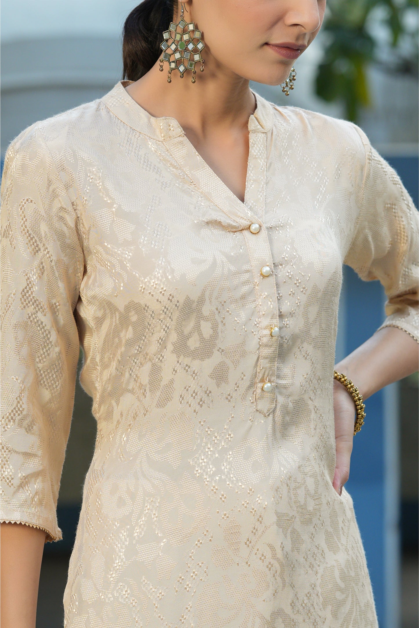 Ivory Rayon Jacquard Woven - Jacquard Straight Kurta