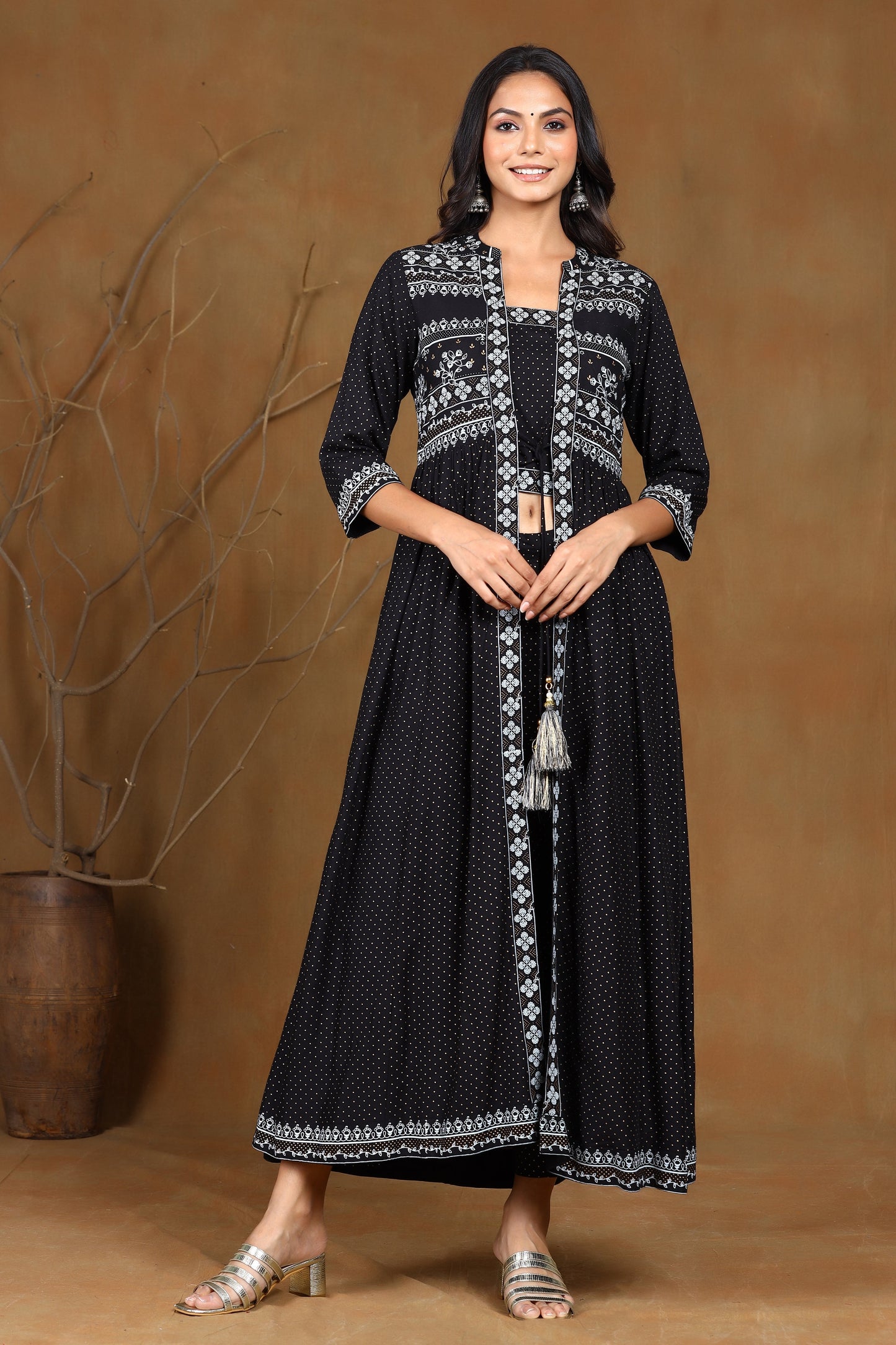 Black Rayon Printed Jacket Style Kurta Sets