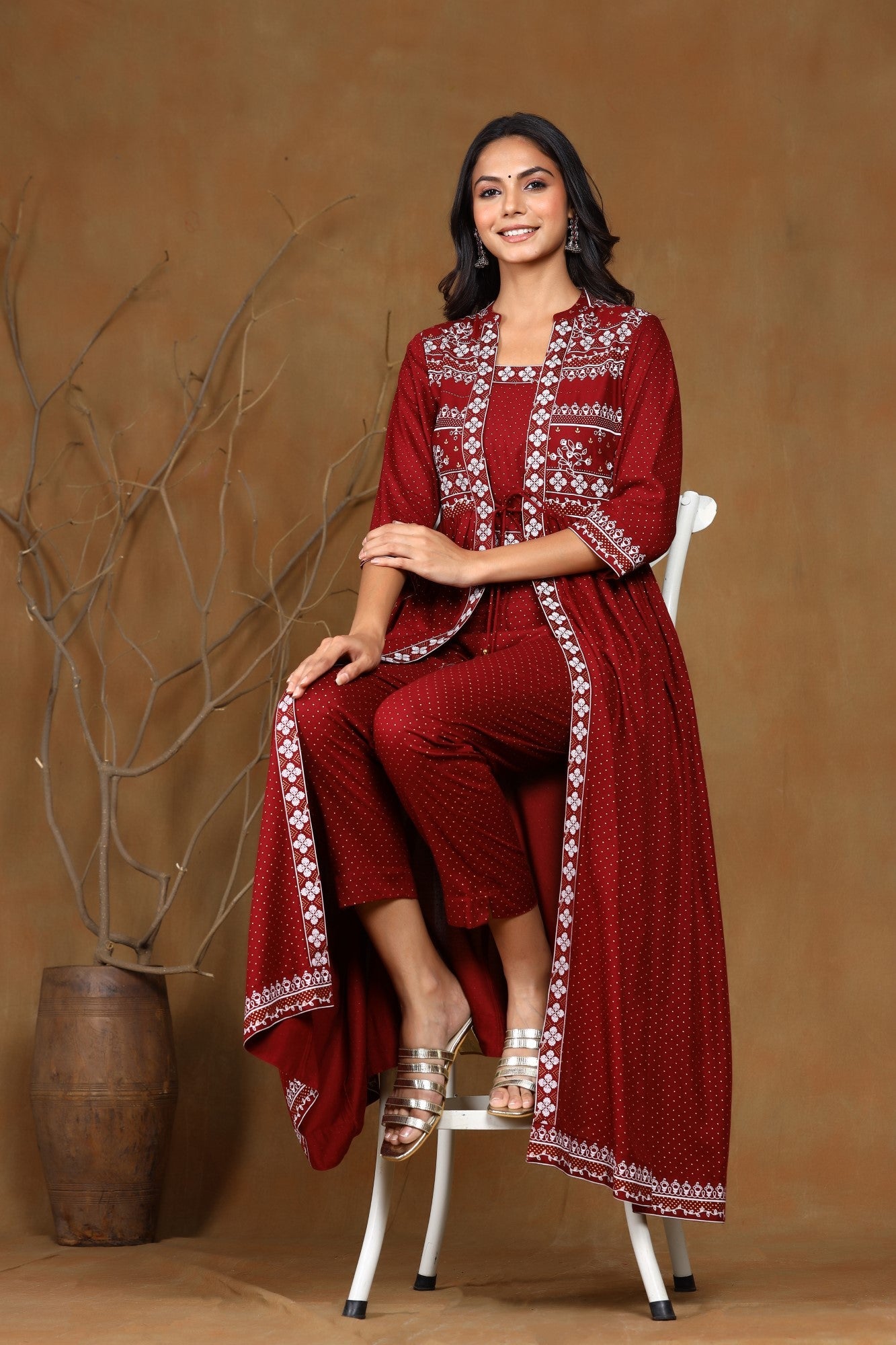 Maroon Rayon Printed Jacket Style Kurta Sets