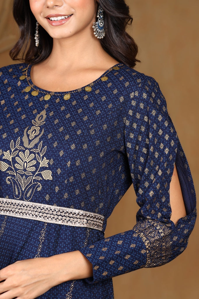 Navyblue Rayon Printed Flared Dress