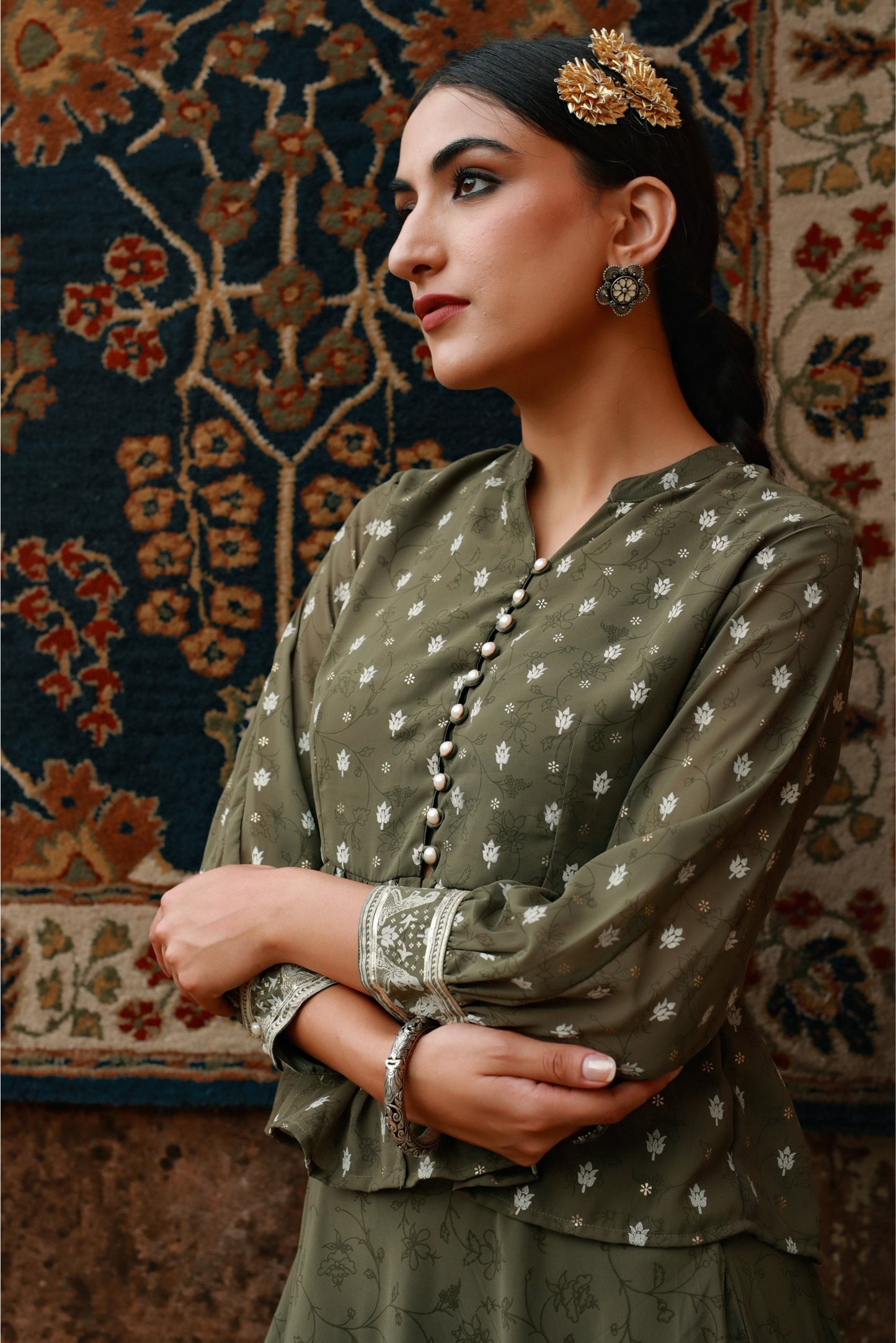 Olive Georgette Printed Flared Lehenga Choli Sets