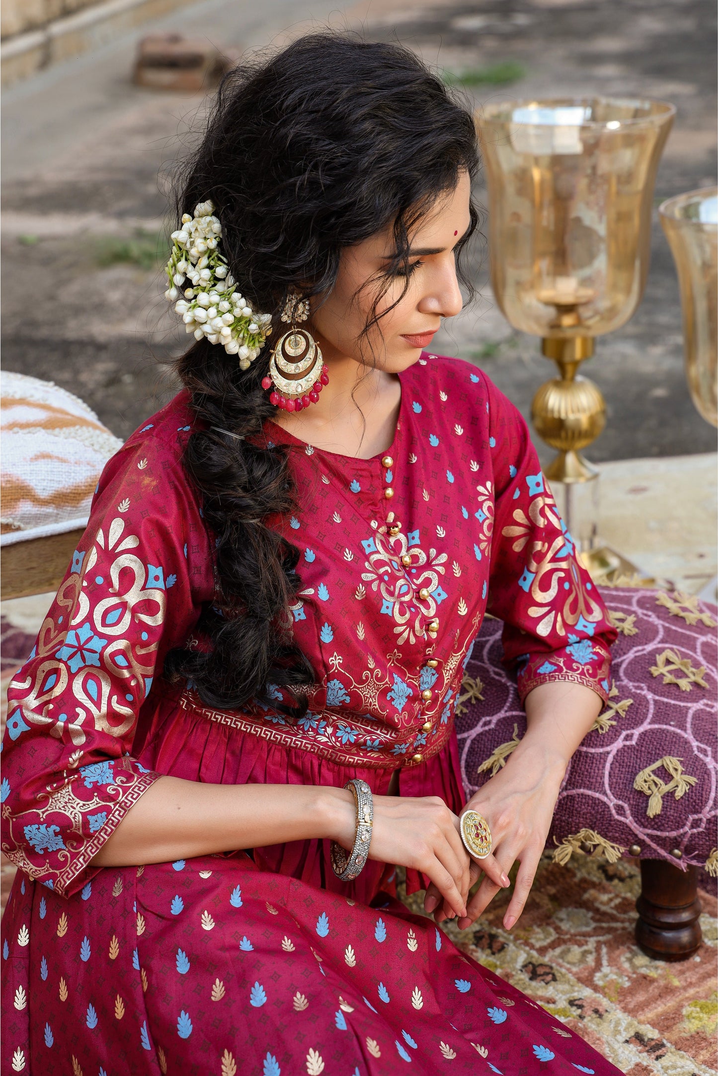 Burgundy Shantoon Printed Flared Lehenga Choli Sets