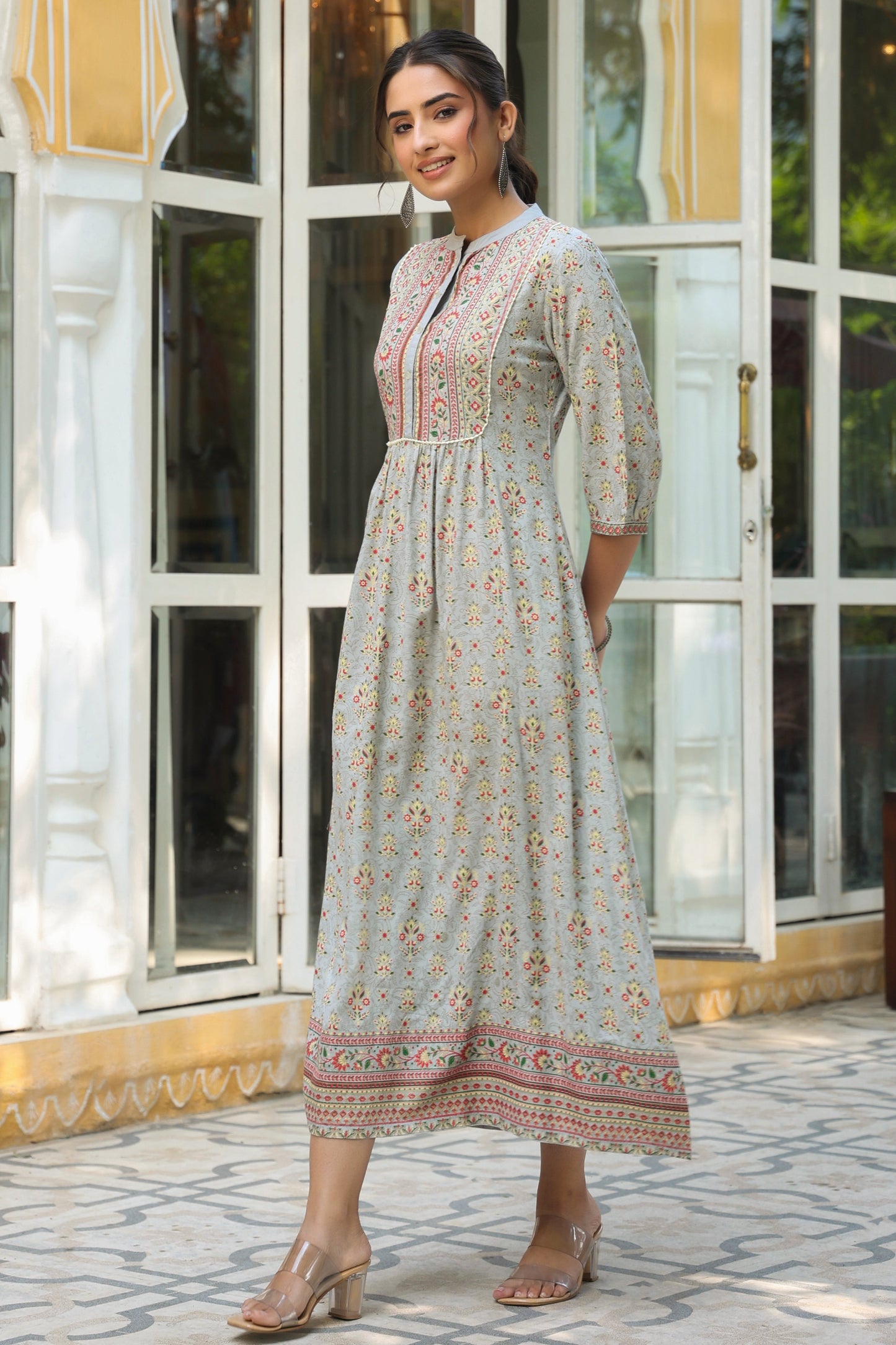 Grey Rayon Printed A-Line Dress