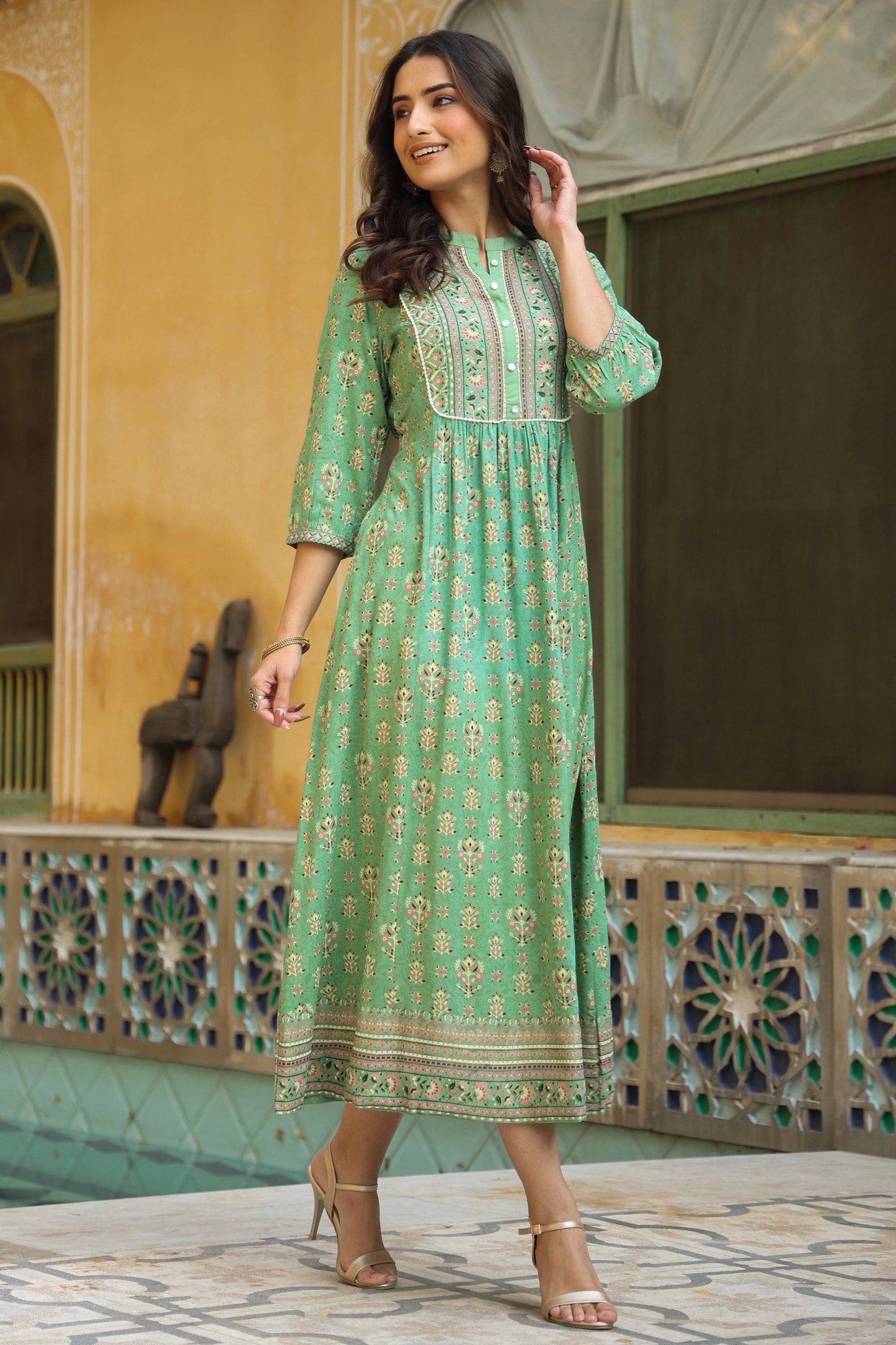 Pistagreen Rayon Printed A-Line Dress