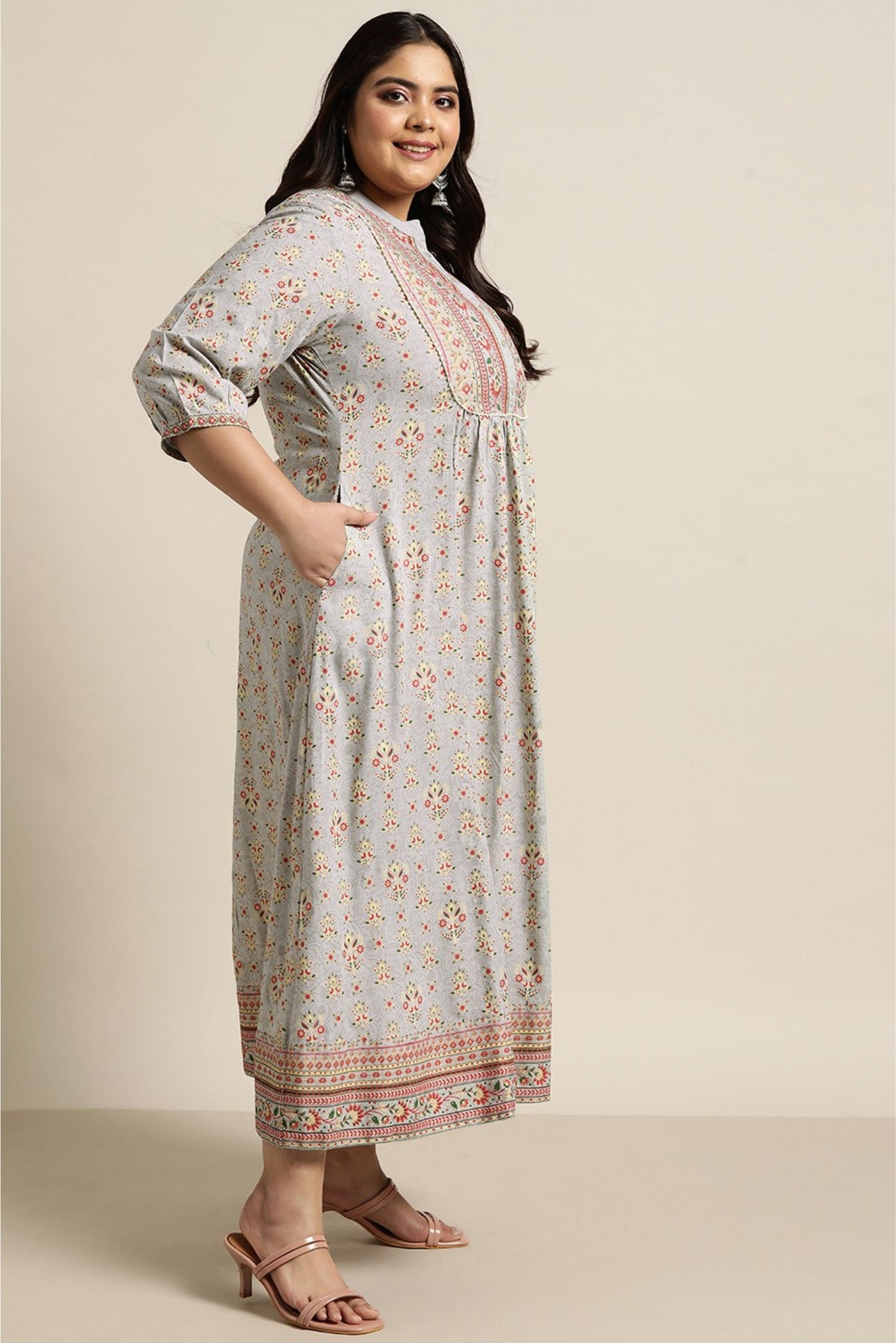 Grey Rayon Fusion Wear Printed A-line Dress