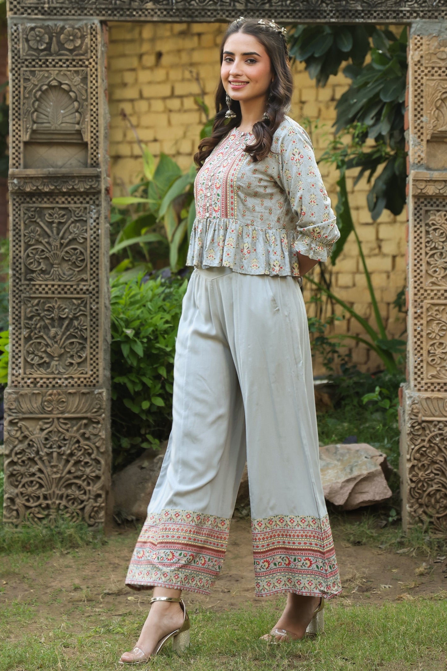 Grey Rayon Printed Peplum Clothing Set