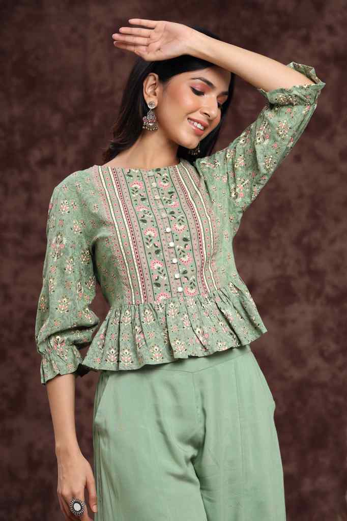 Pistagreen Rayon Printed Peplum Clothing Set