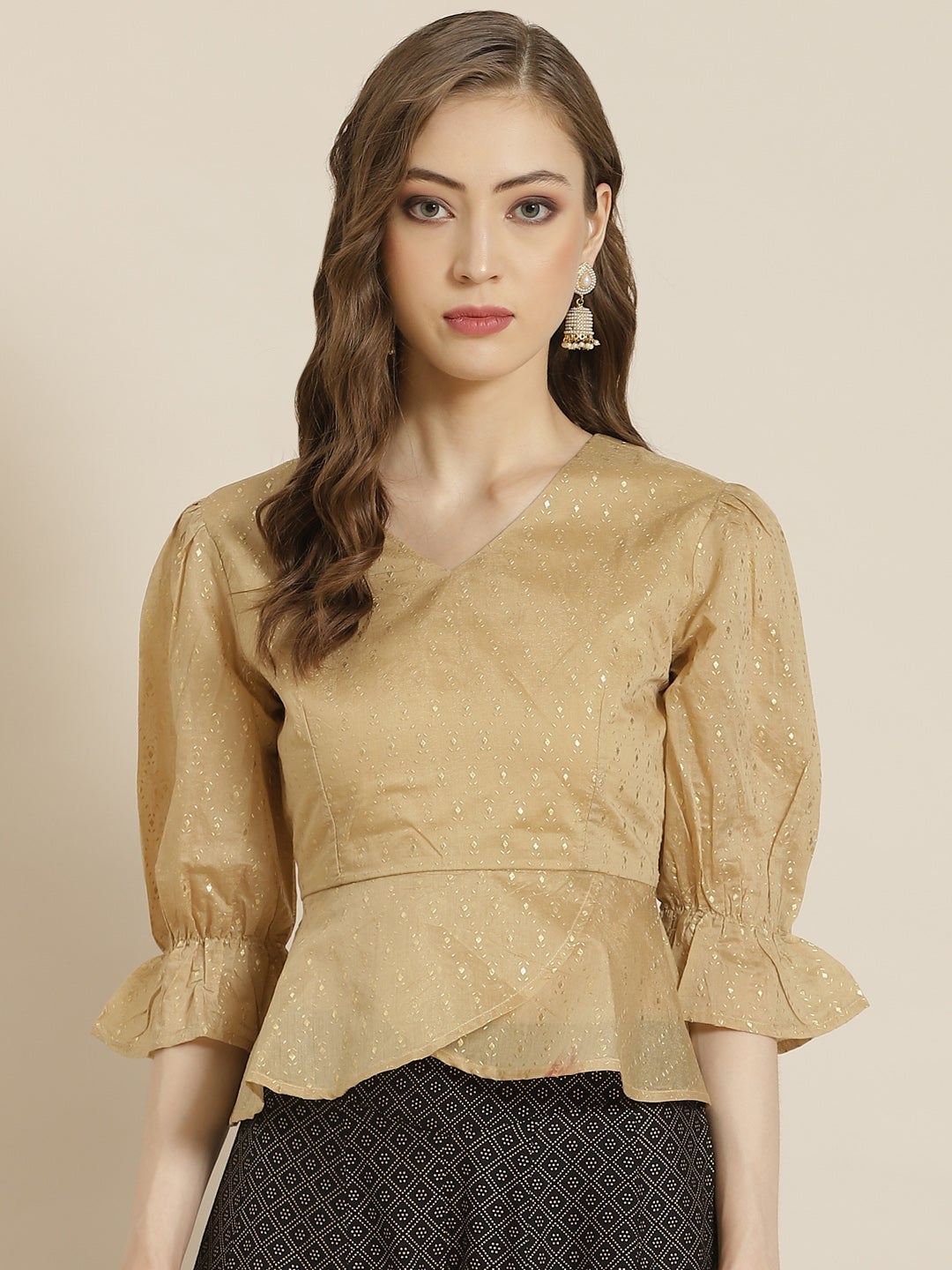 Gold Chanderi Silk Printed Peplum Blouse – Trendphoria