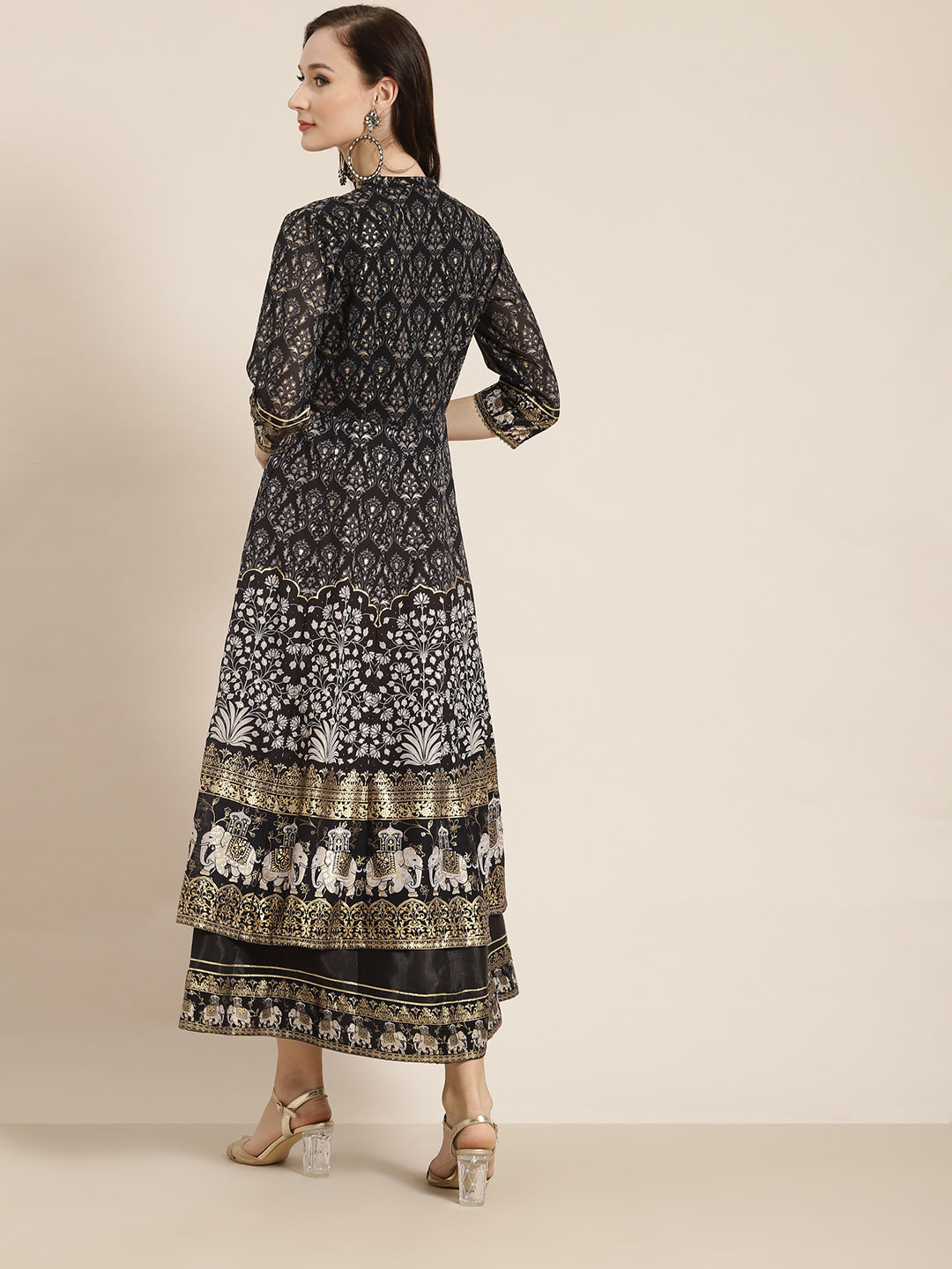 Black Georgette Printed Flared Dress
