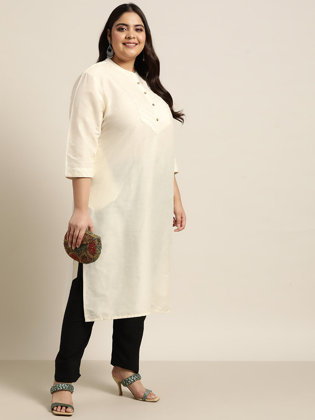 Beige Tussar Silk Festive Wear Solid Straight Kurta