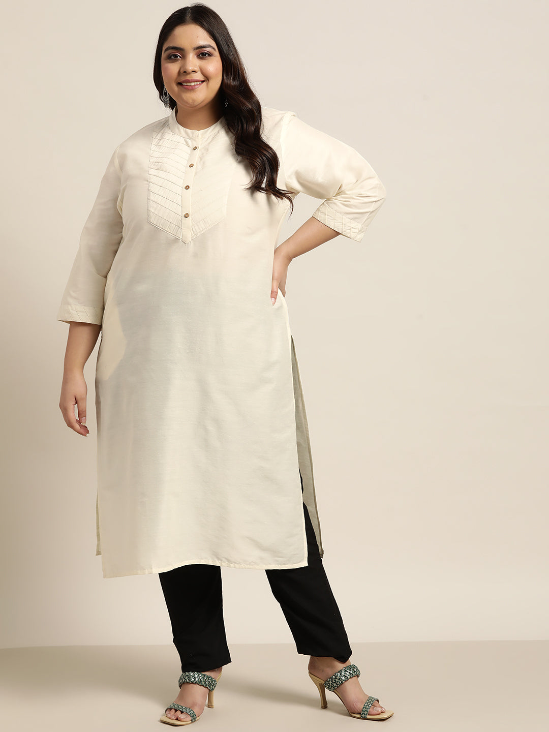 Beige Tussar Silk Festive Wear Solid Straight Kurta