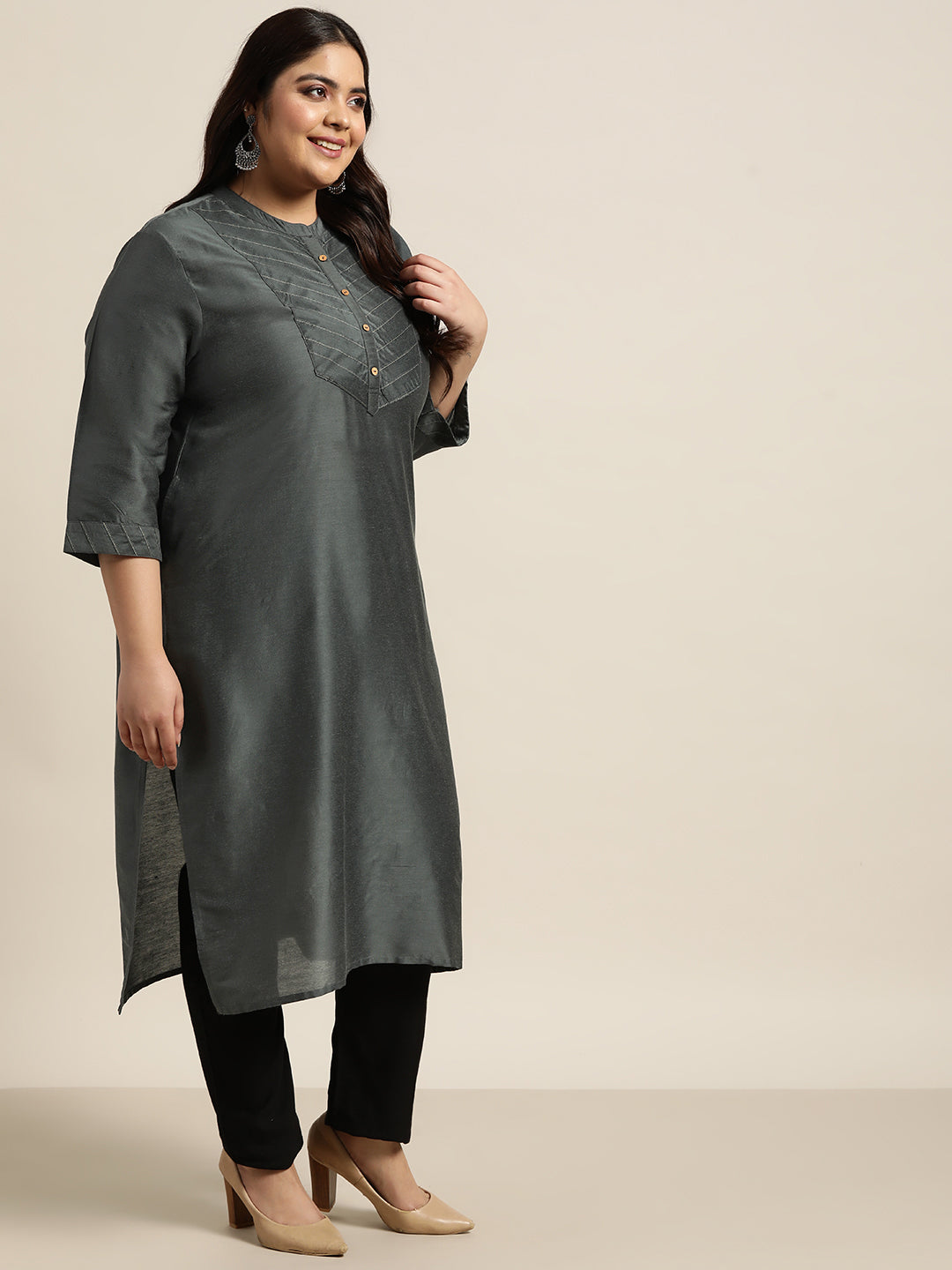 Dark Grey Tussar Silk Festive Wear Solid Straight Kurta