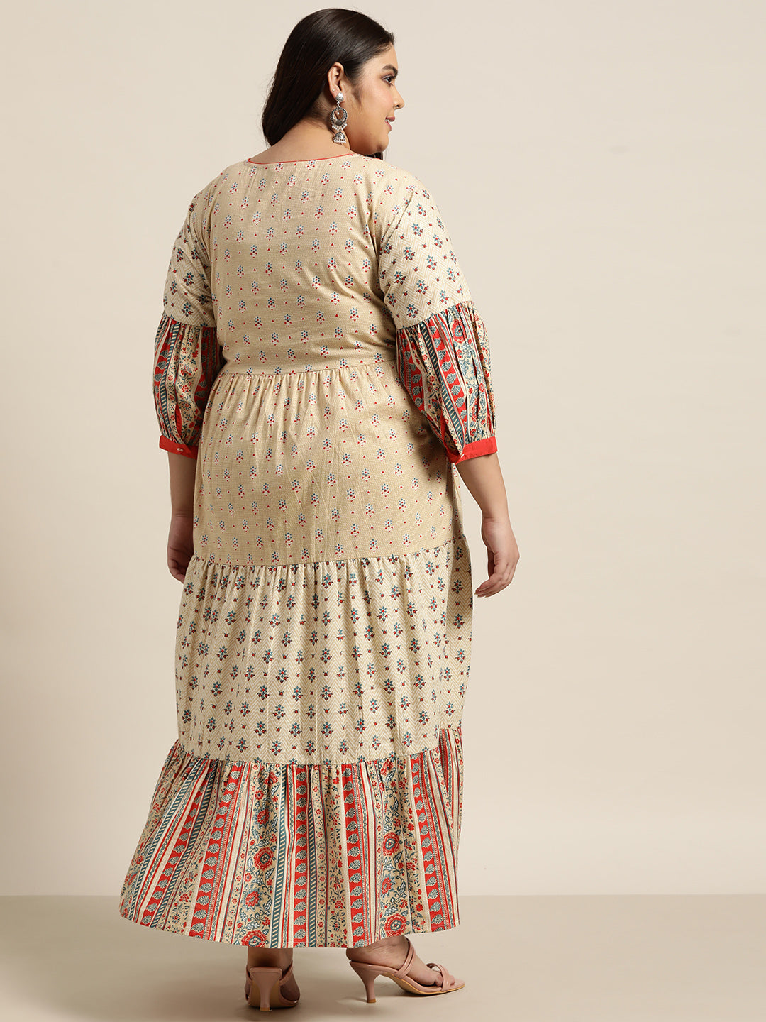 Beige Cambric Casual Wear Printed Tiered Dress