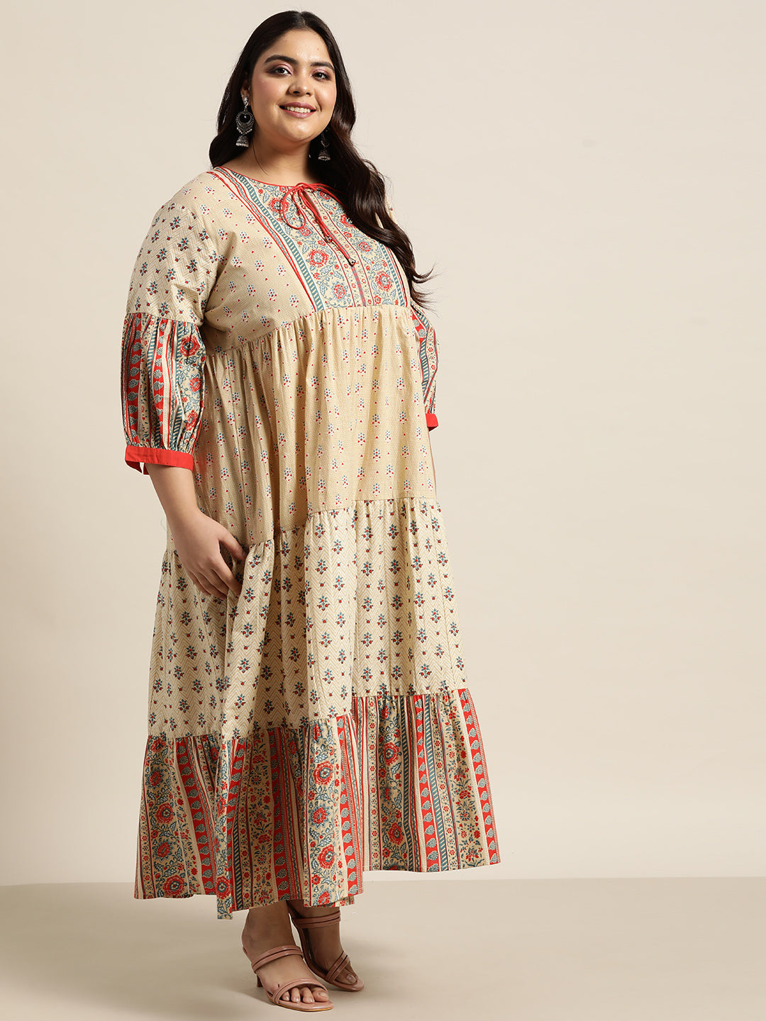 Beige Cambric Casual Wear Printed Tiered Dress