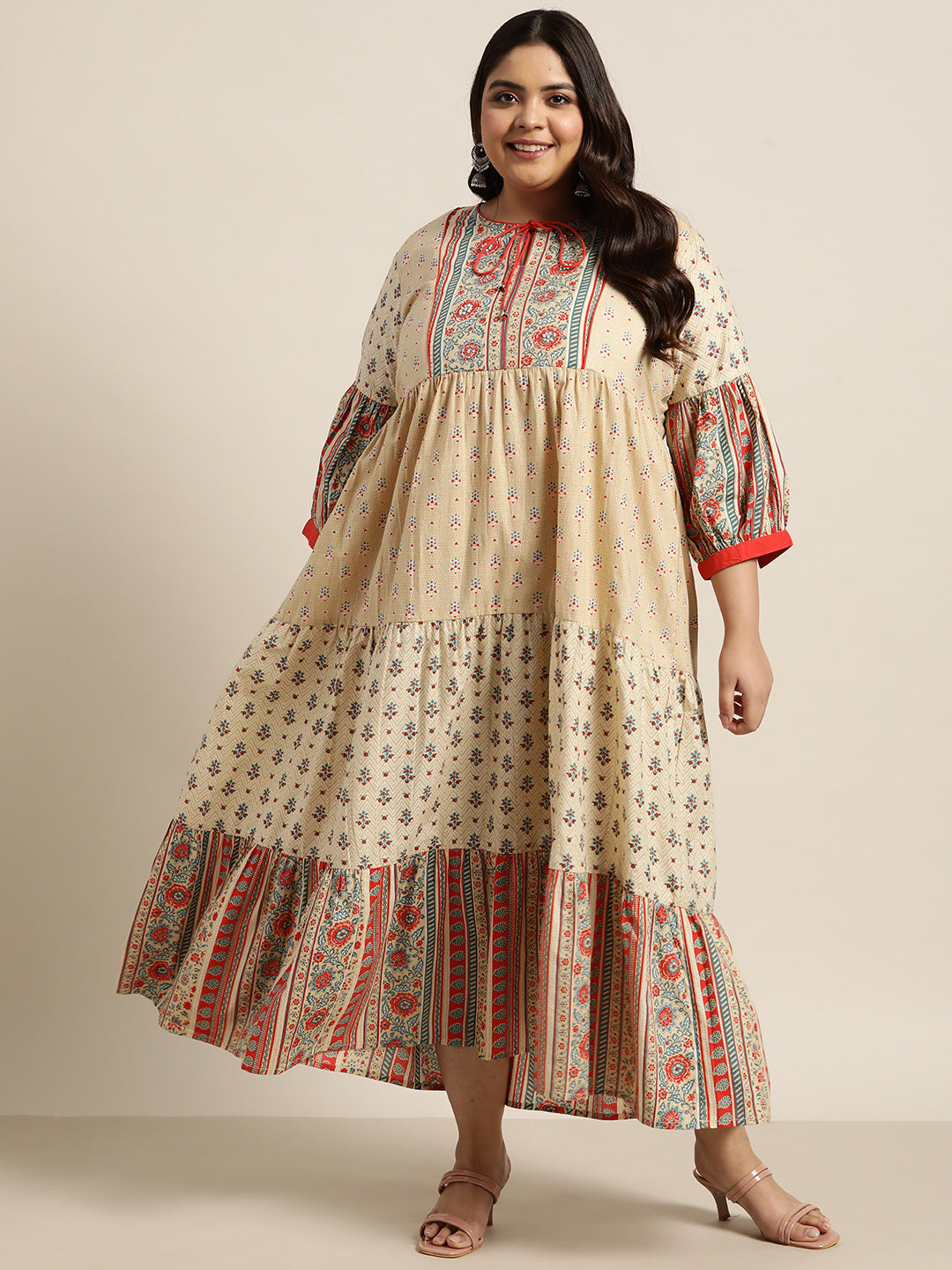 Beige Cambric Casual Wear Printed Tiered Dress