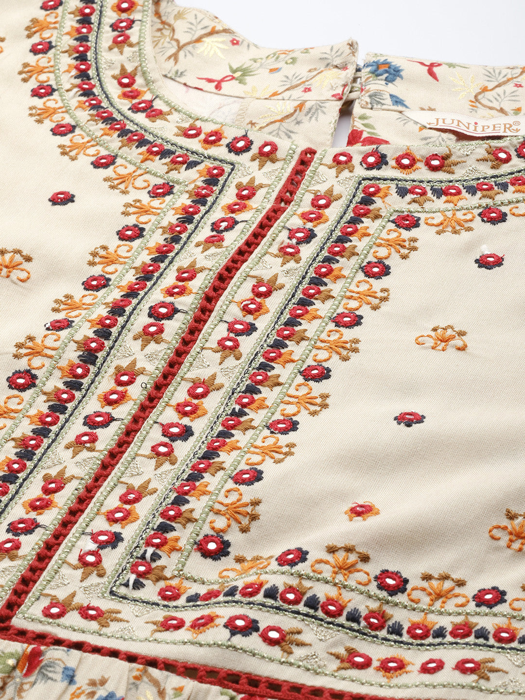 Beige Rayon Festive Wear Embroidered & Printed Tiered Dress