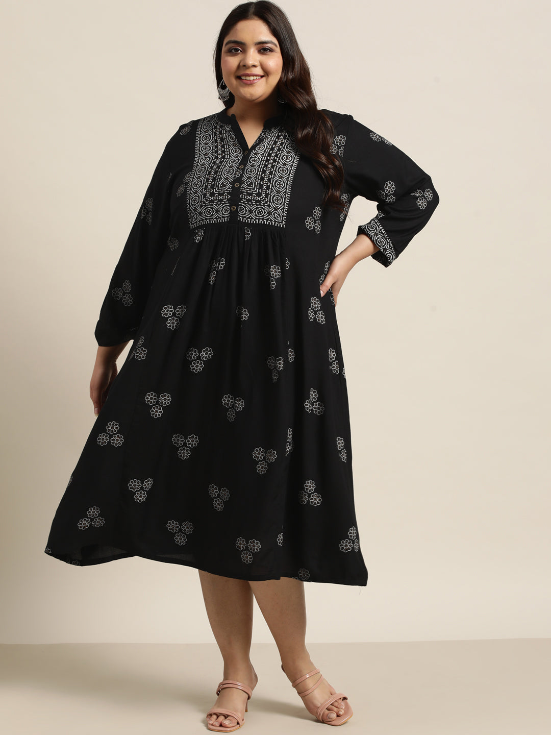 Black Rayon Casual Wear Printed Flared Dress