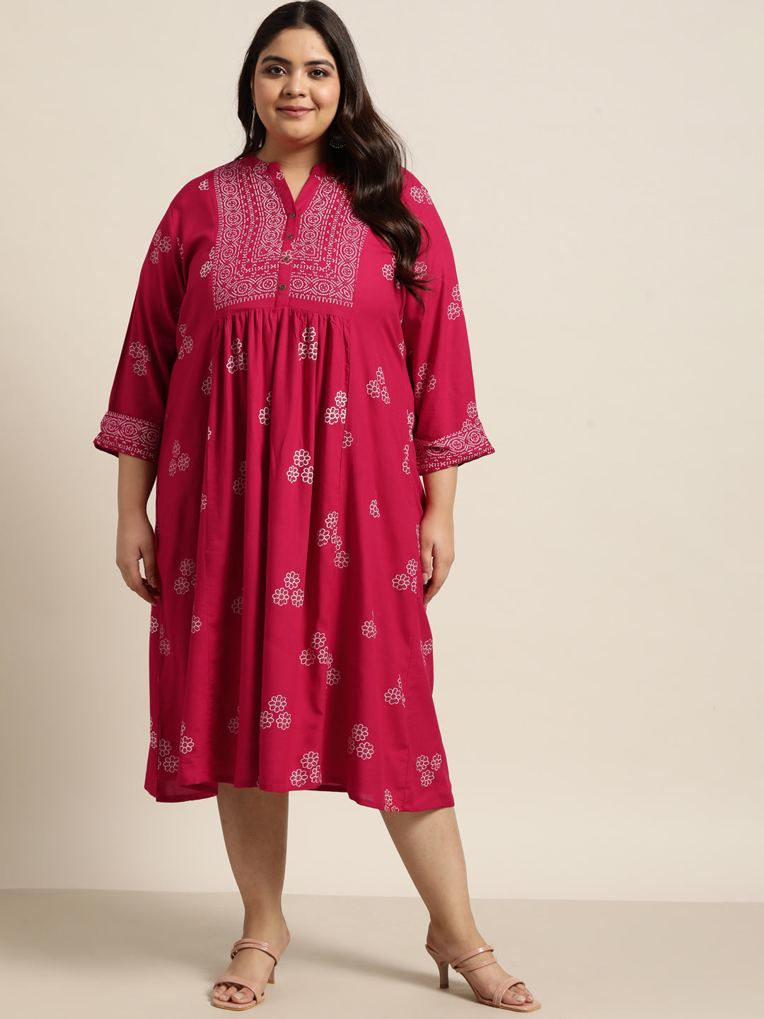 Fuchsia Rayon Casual Wear Printed Flared Dress