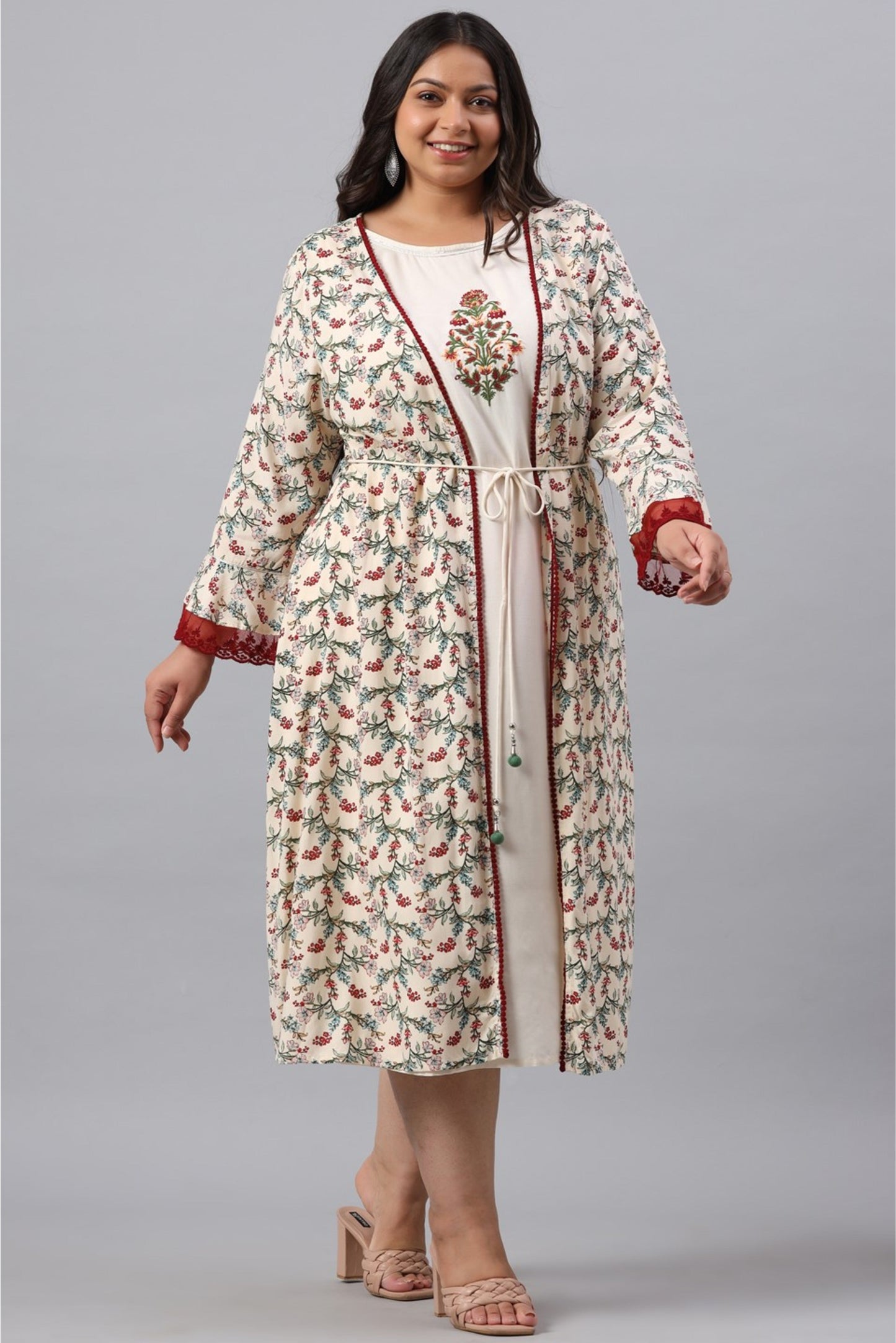 Ivory Rayon Festive Wear Embroidered & Printed Flared Dress