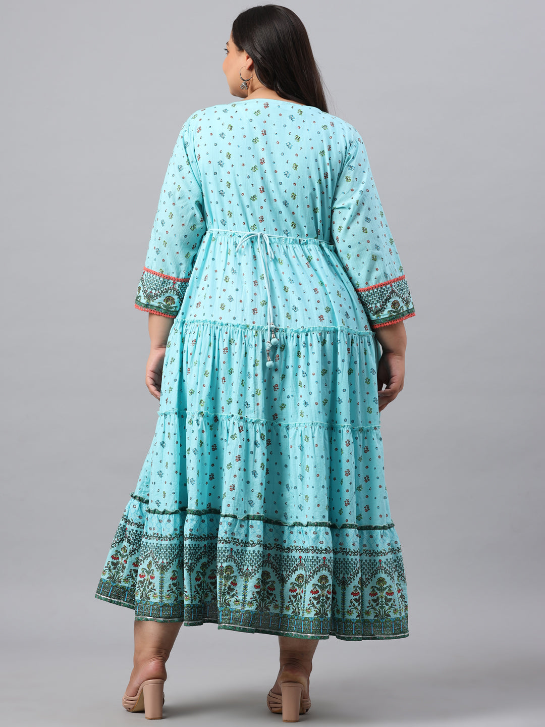 Sky Blue Cambric Festive Wear Printed Tiered Dress