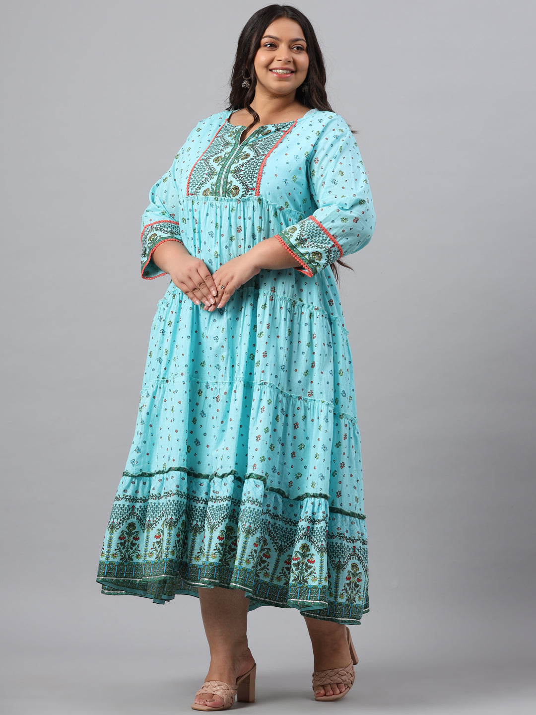 Sky Blue Cambric Festive Wear Printed Tiered Dress