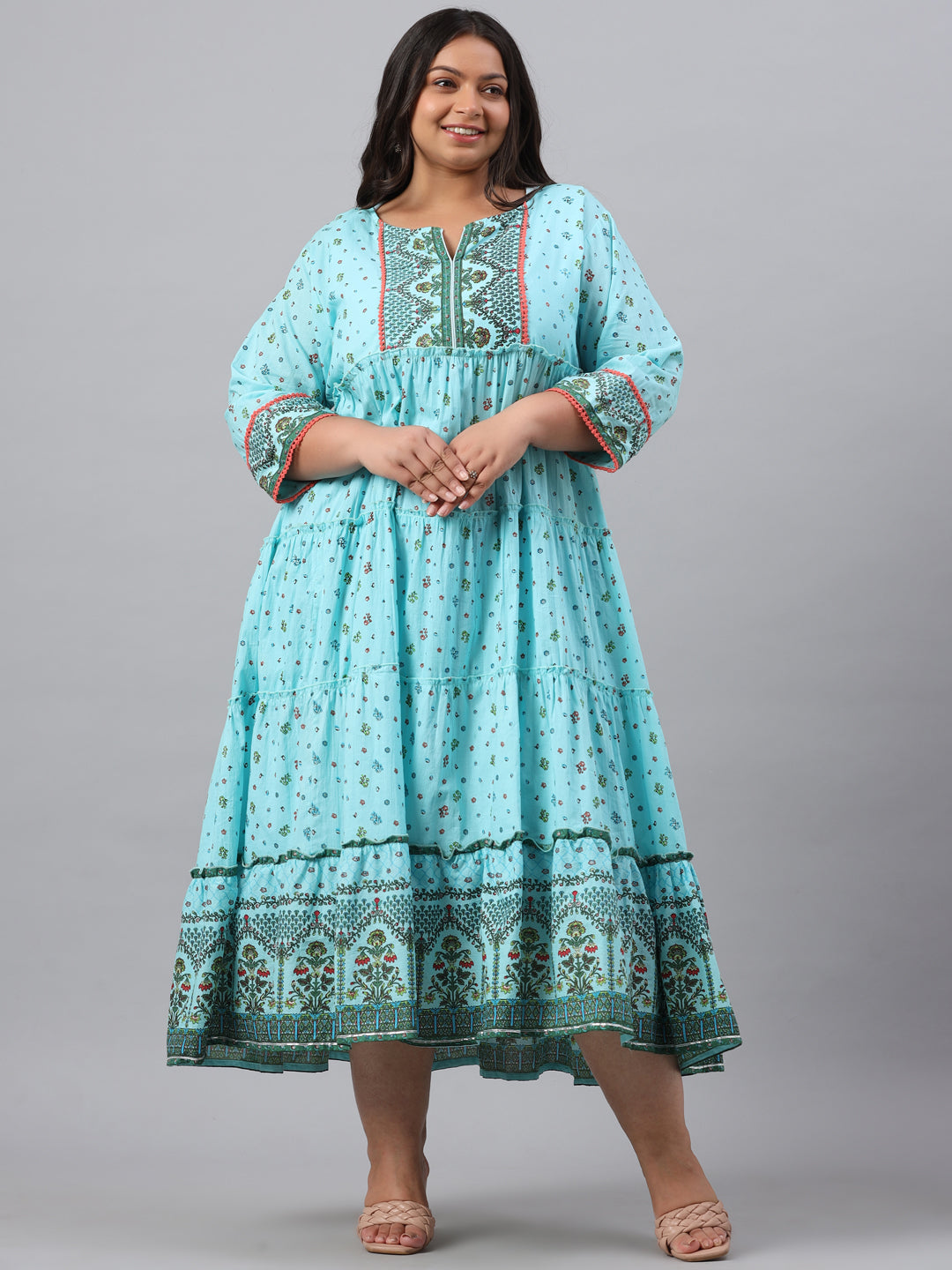 Sky Blue Cambric Festive Wear Printed Tiered Dress