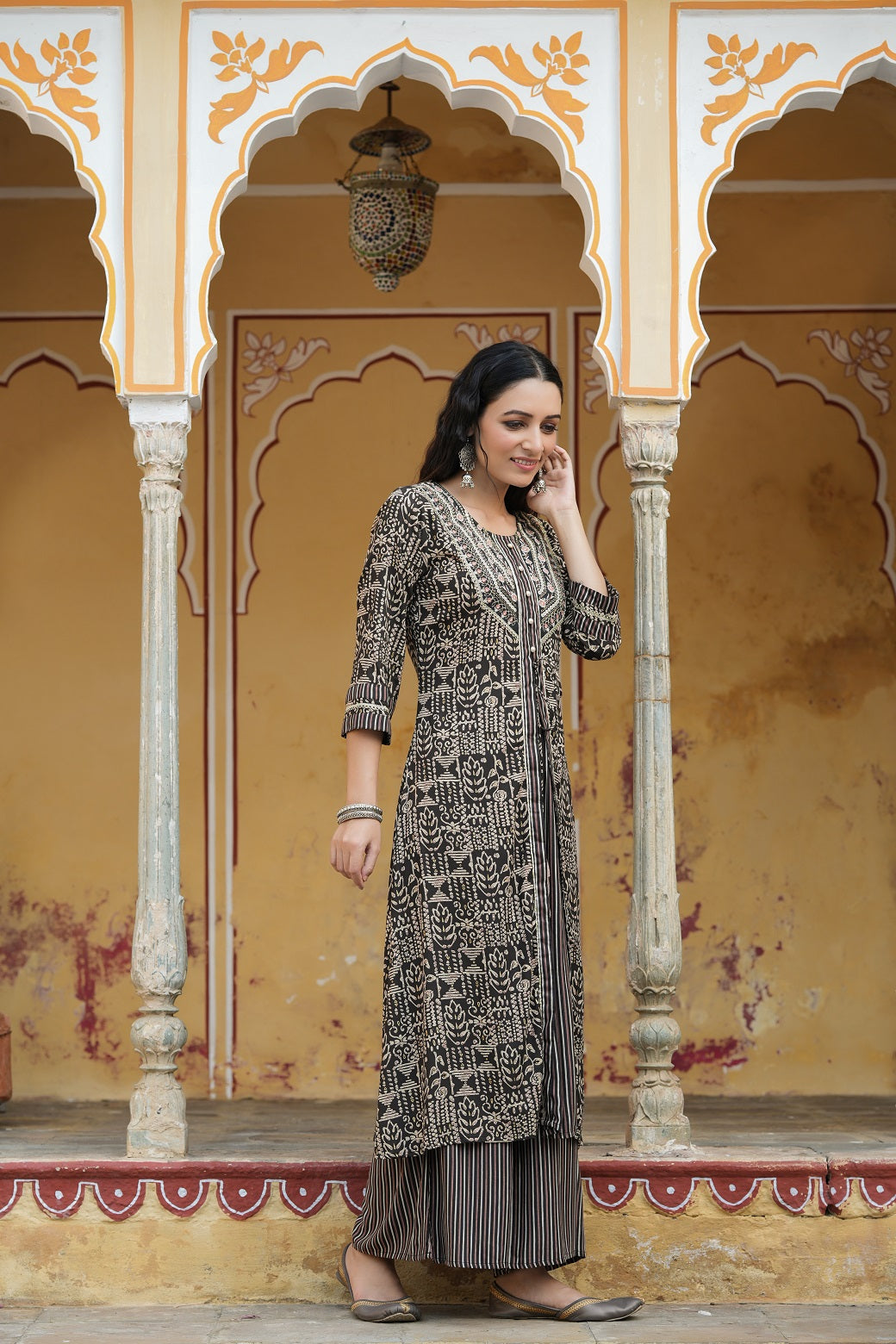 Black Rayon Staple Embroidered & Printed A-Line Kurta Sets