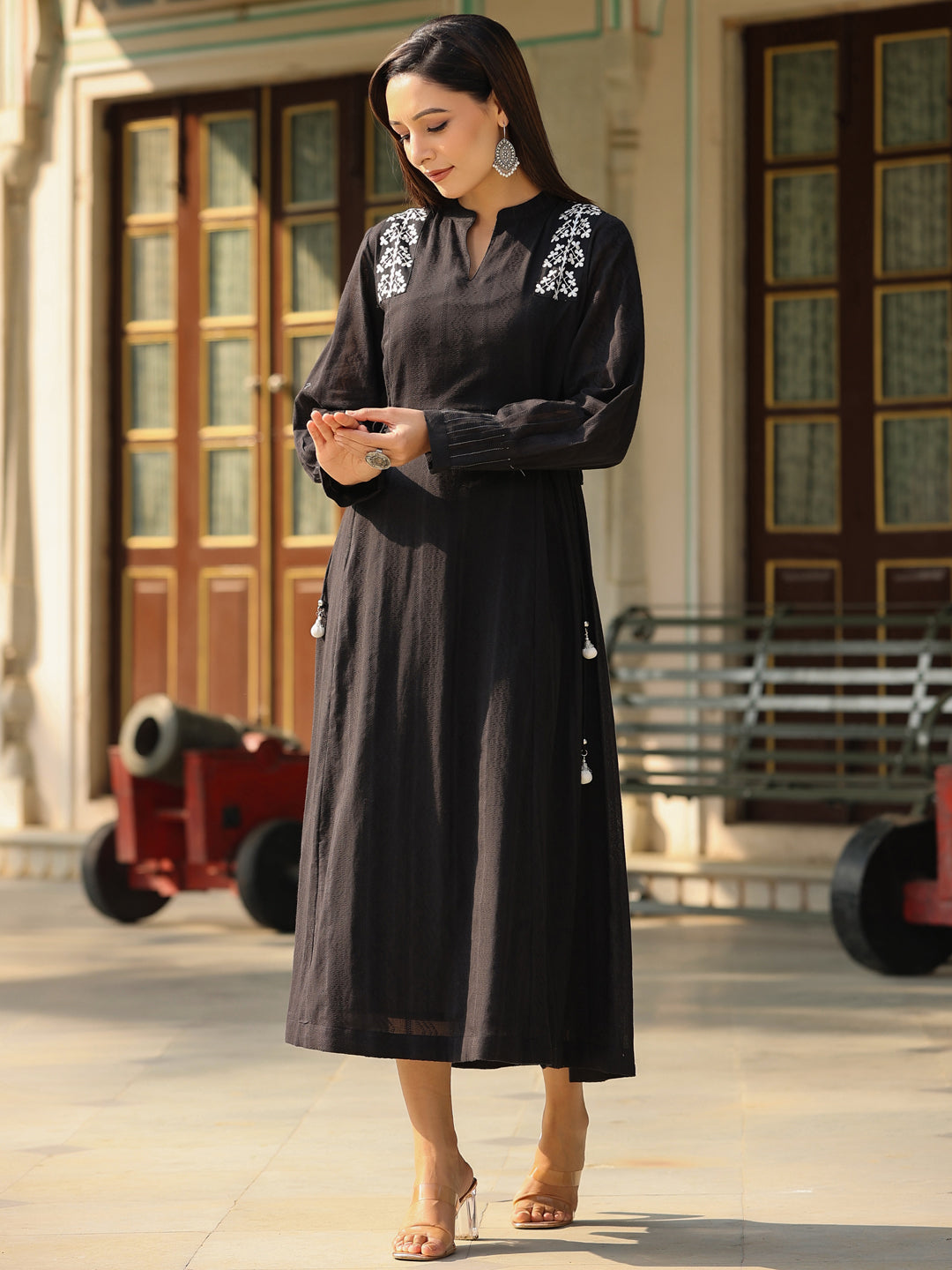 Black Cotton Dobby Embroidered Flared Maxi Dress