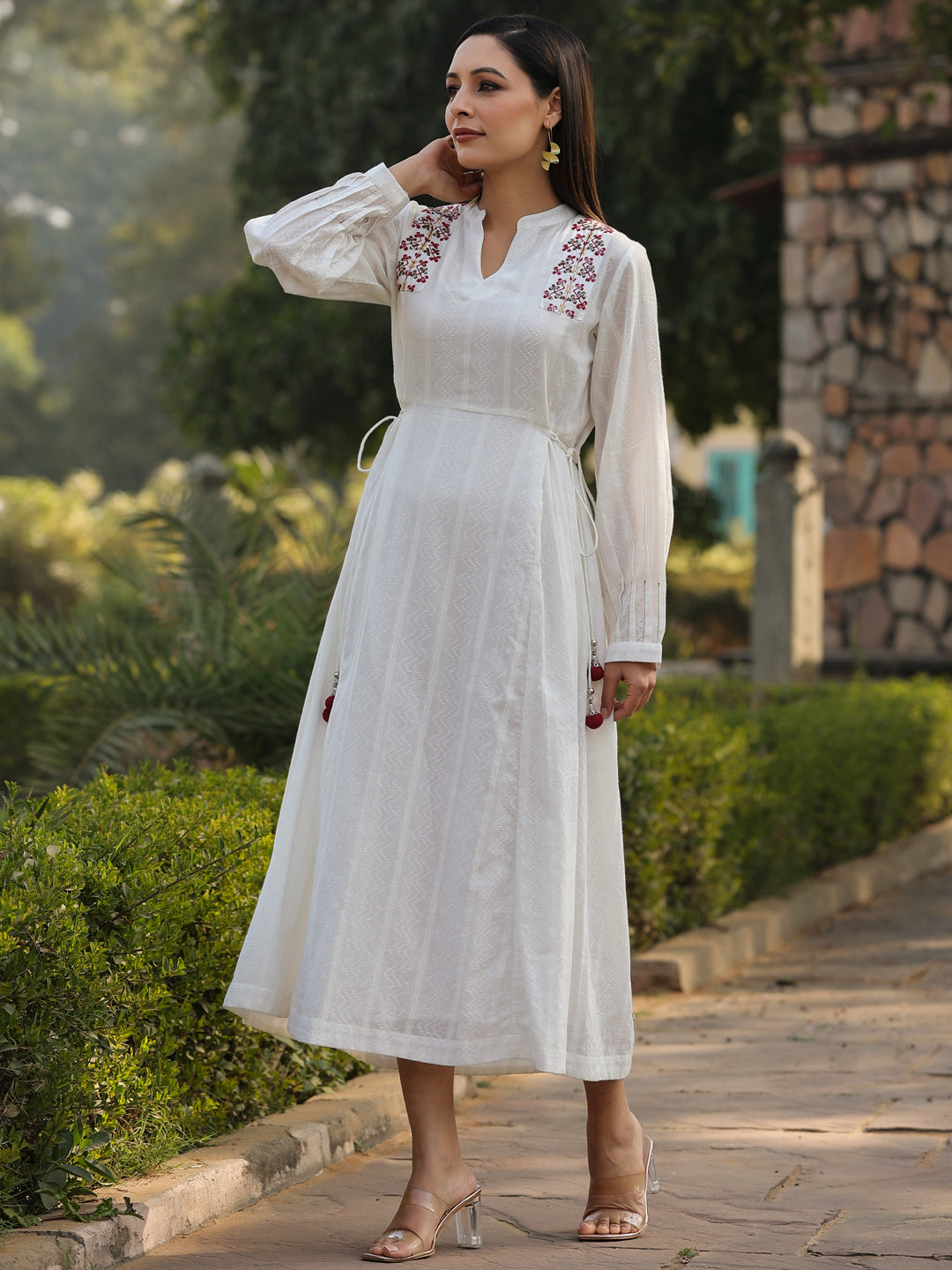 Multi-Coloured Cotton Dobby Embroidered Flared Maxi Dress
