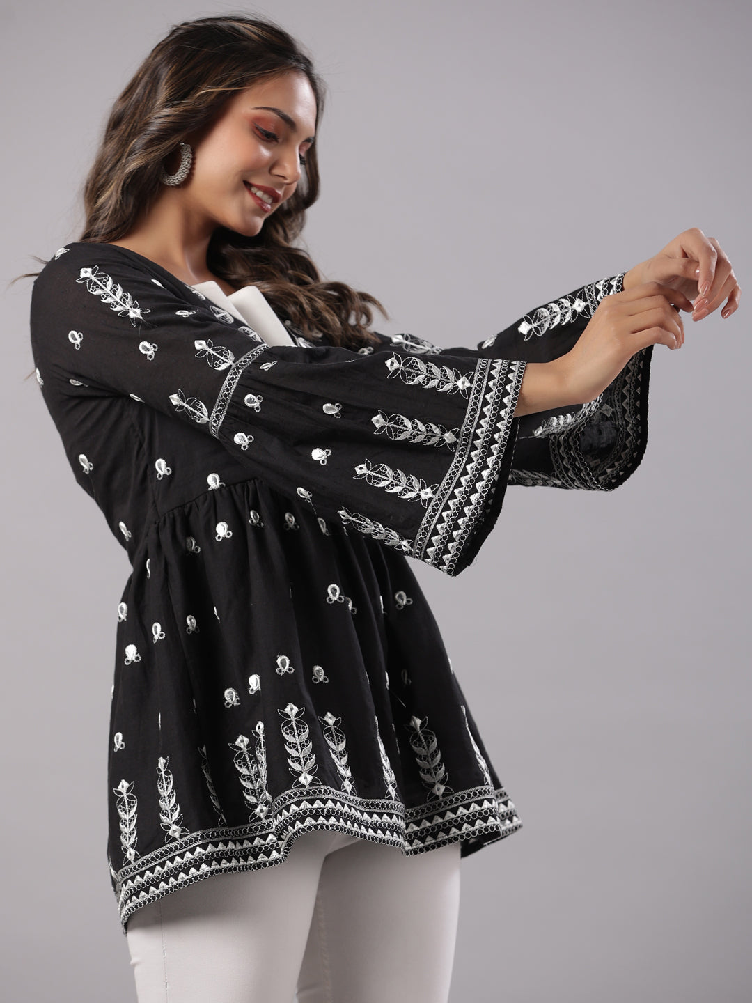 Black Cotton Dobby Embroidered Peplum Tunic