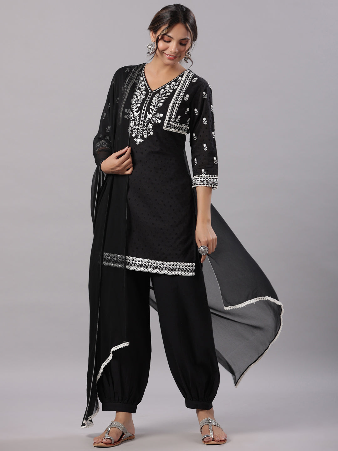Black Cotton Dobby Embroidered Kurta, Pathani Salwar & Dupatta Set