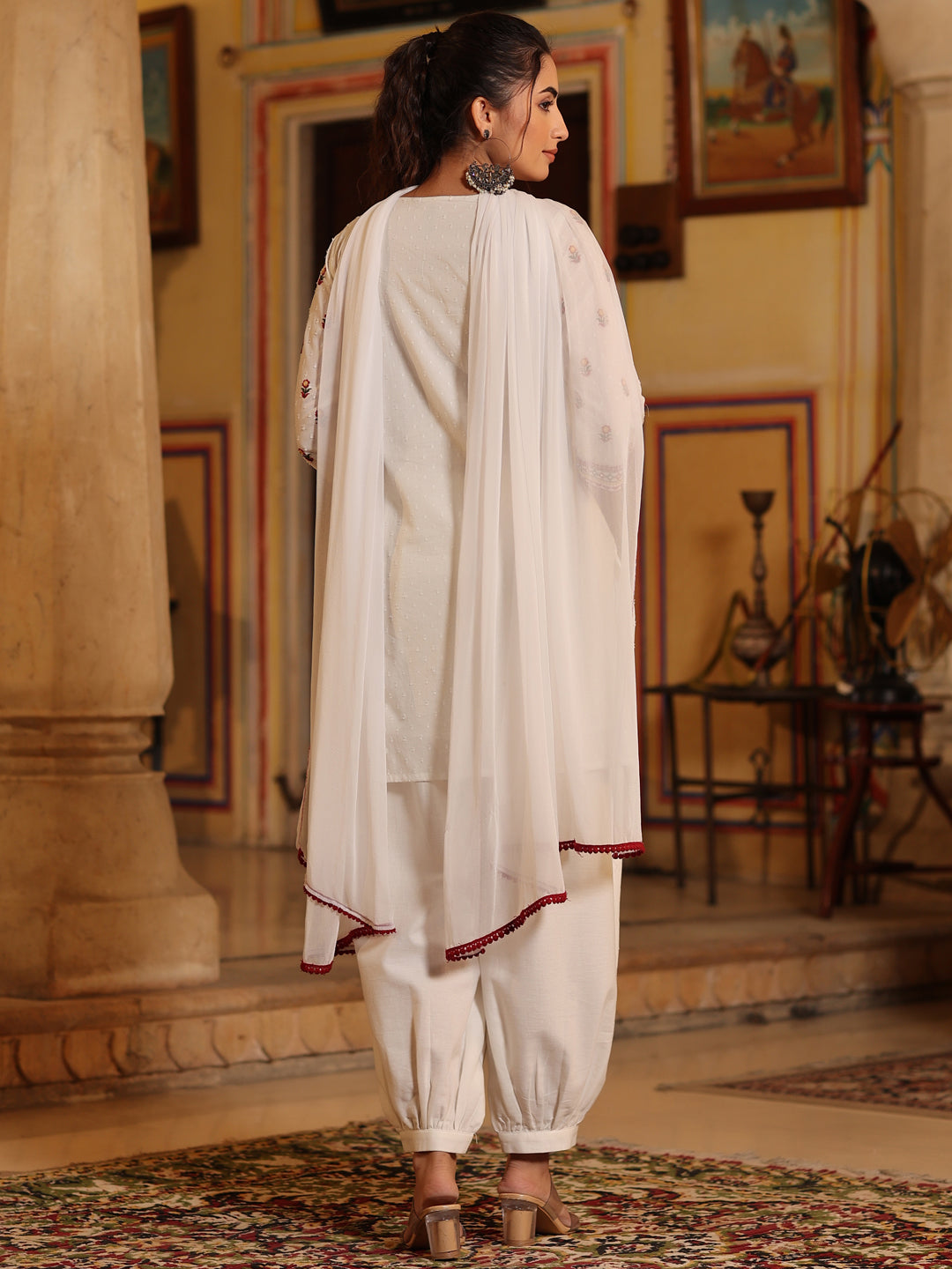 Multi-Coloured Cotton Dobby Embroidered Kurta, Pathani Salwar & Dupatta Set