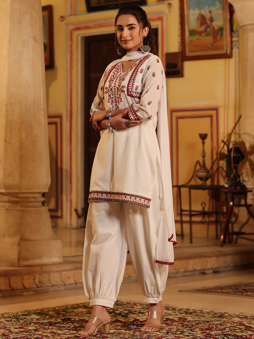 Multi-Coloured Cotton Dobby Embroidered Kurta, Pathani Salwar & Dupatta Set
