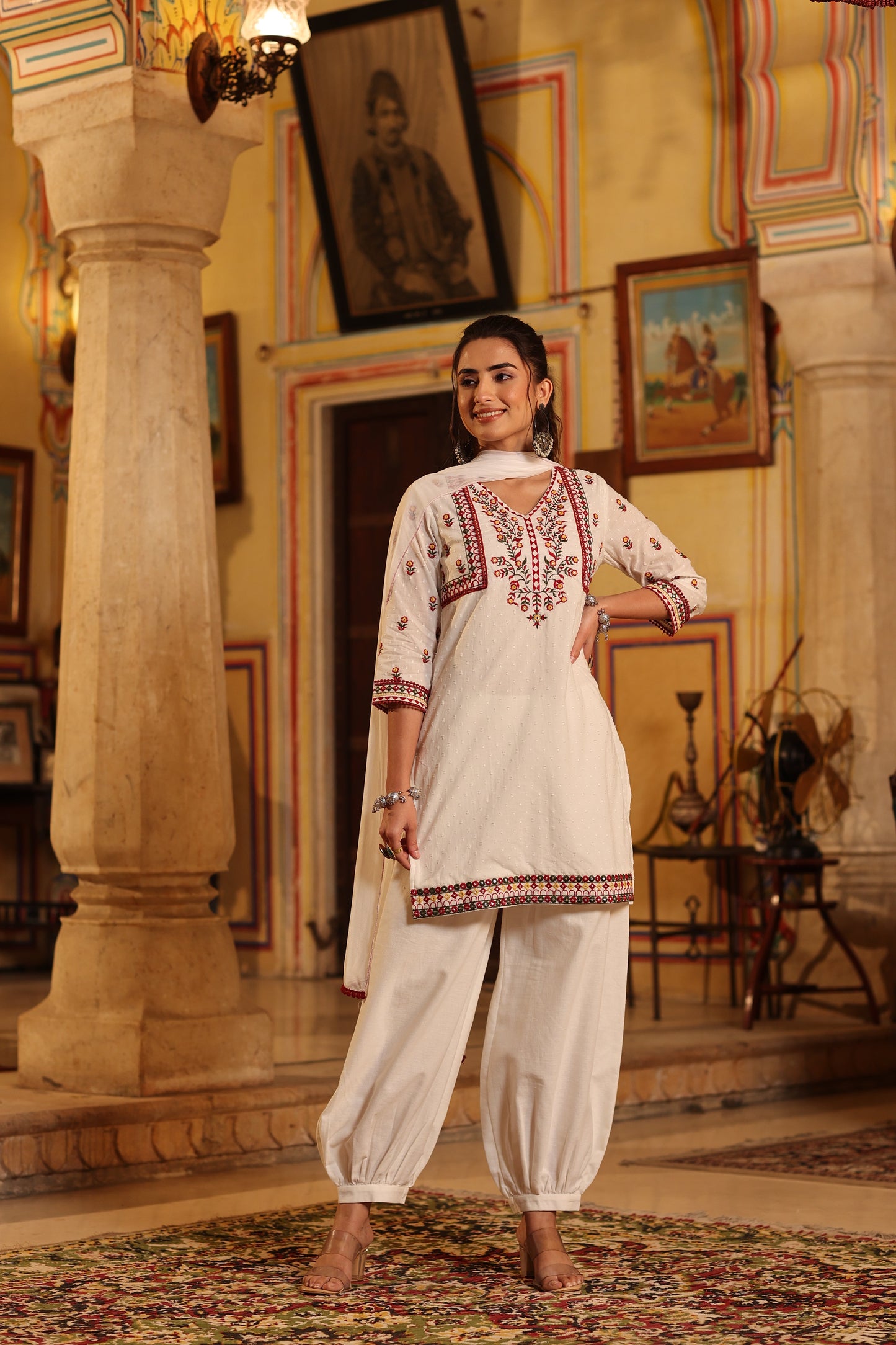 Multi-Coloured Cotton Dobby Embroidered Kurta, Pathani Salwar & Dupatta Set
