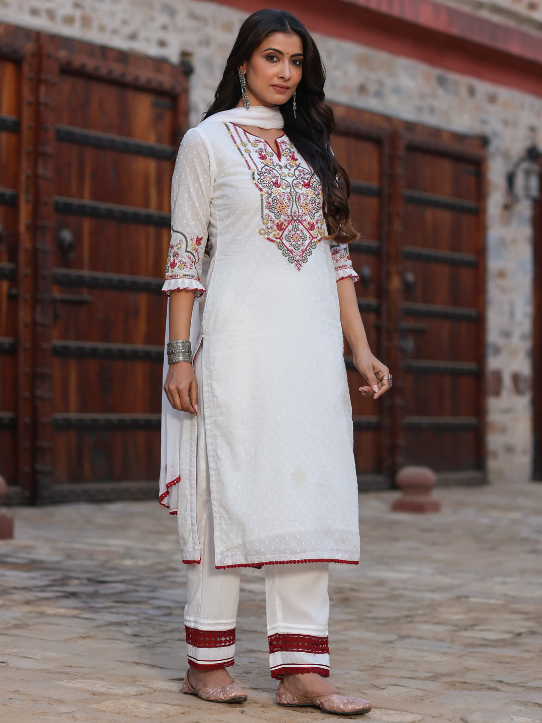 Multi-Coloured Cotton Dobby Embroidered Kurta, Pant & Dupatta Set
