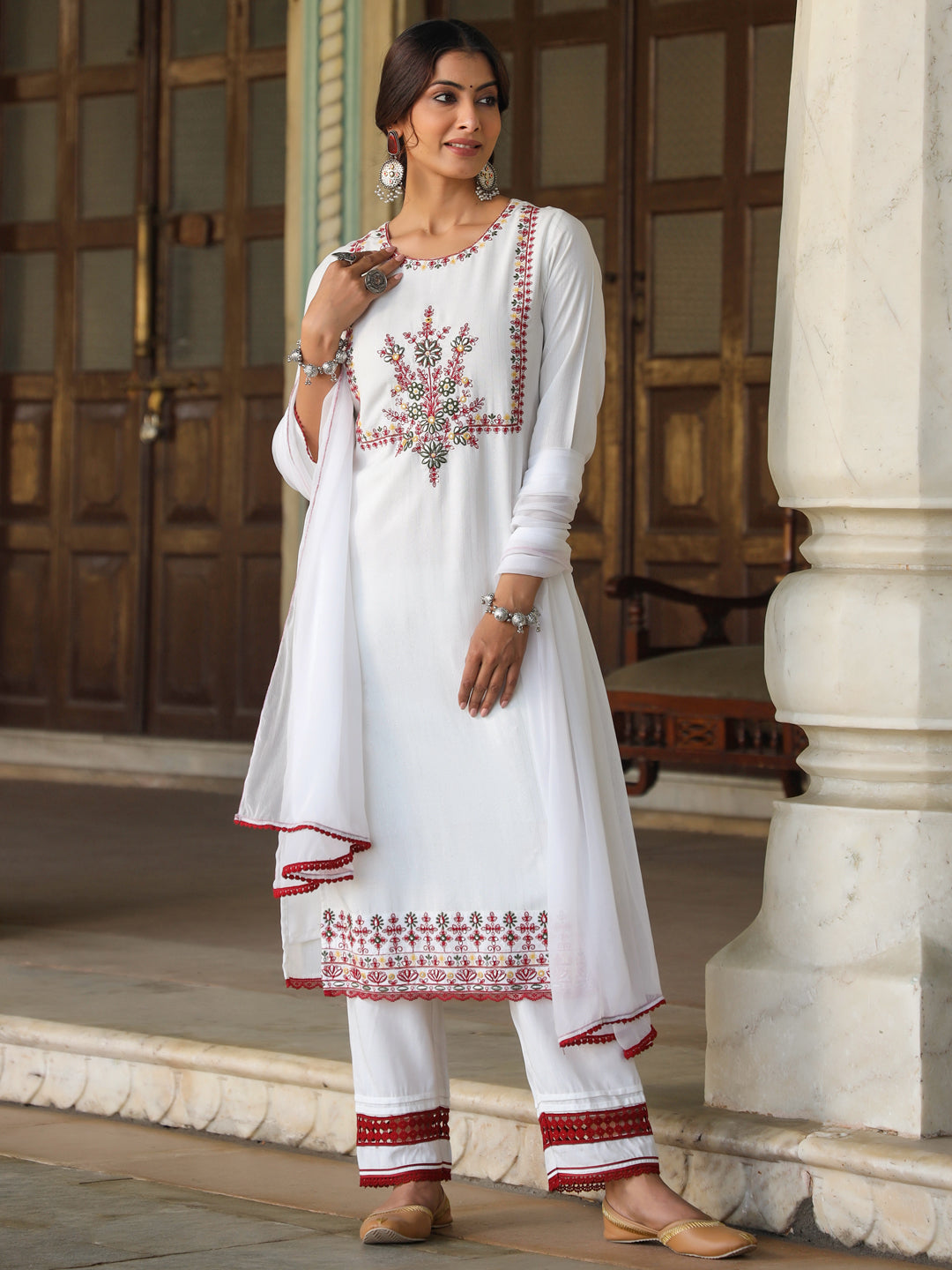 Multi-Coloured Rayon Lurex Embroidered Kurta, Pant & Dupatta Set