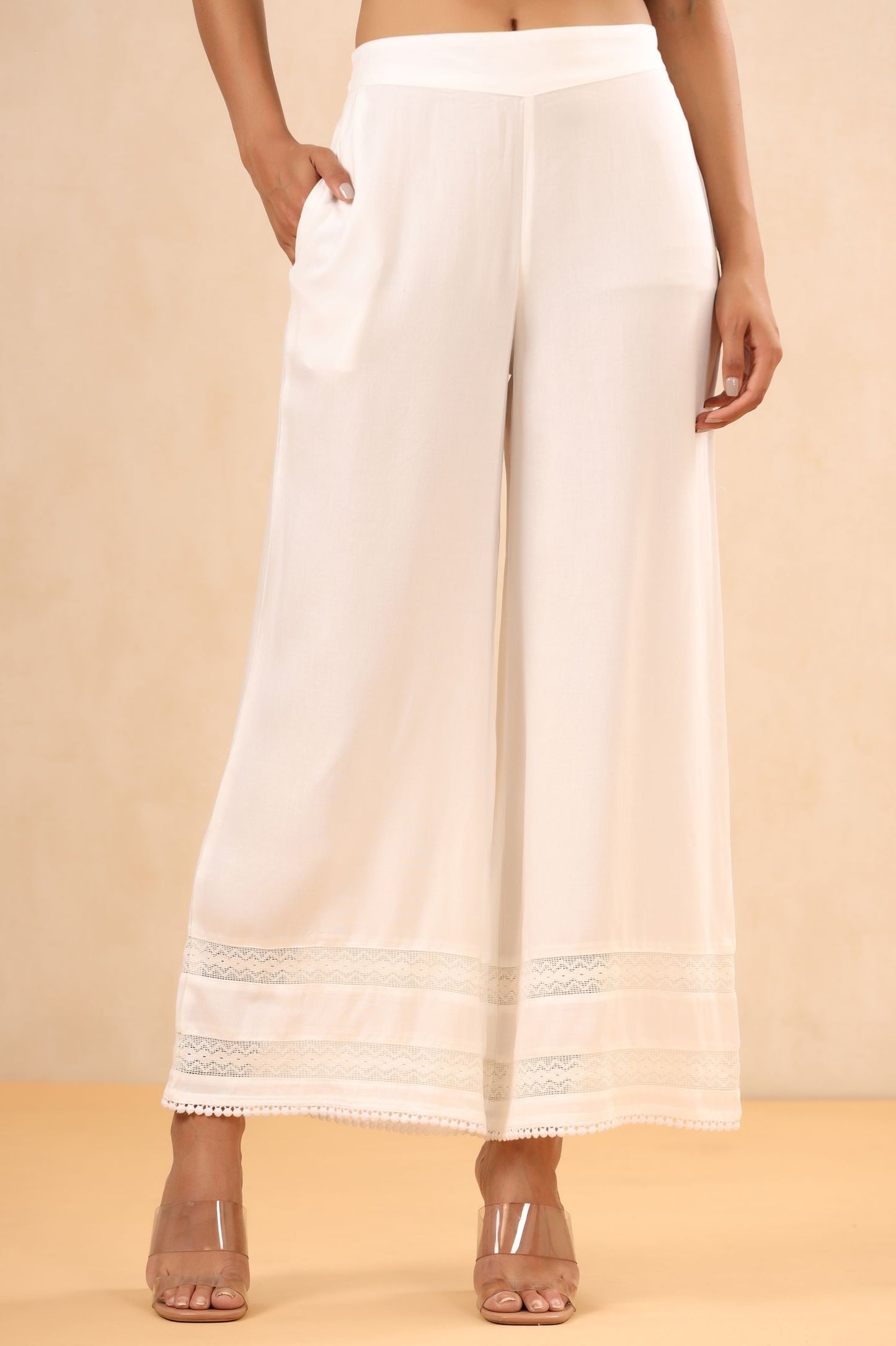 White Rayon Solid Straight Palazzo