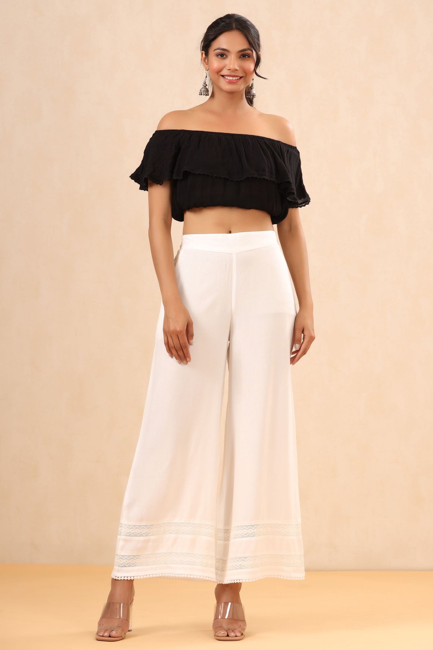 White Rayon Solid Straight Palazzo