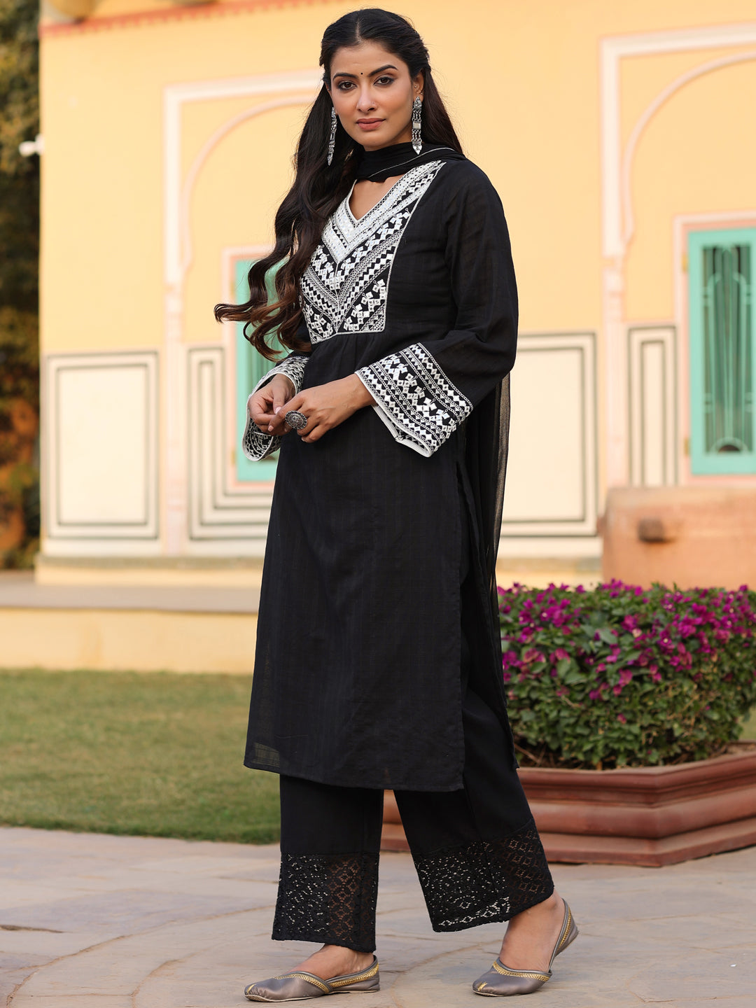 Black Cotton Dobby Embroidered Kurta, Pant & Dupatta Set