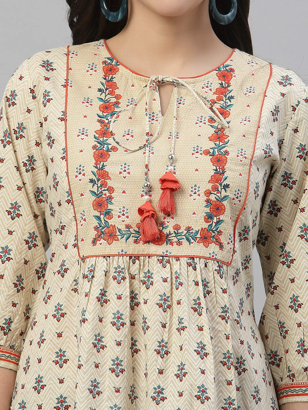 Beige Cambric Casual Wear Printed A-Line Tunic