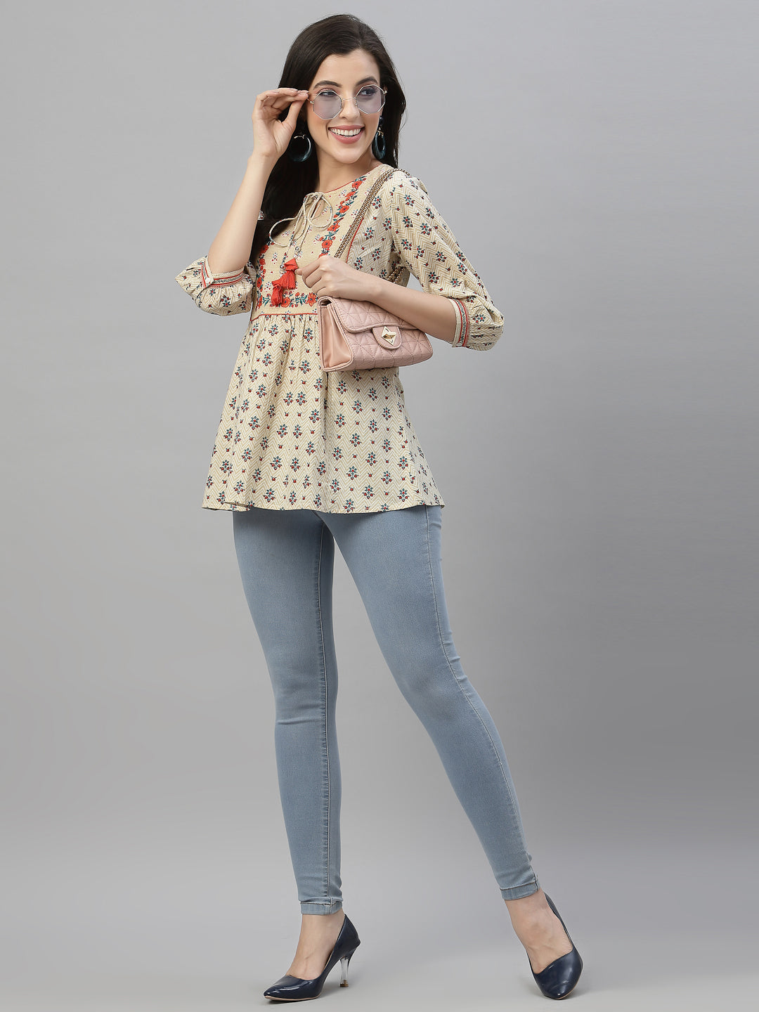 Beige Cambric Casual Wear Printed A-Line Tunic